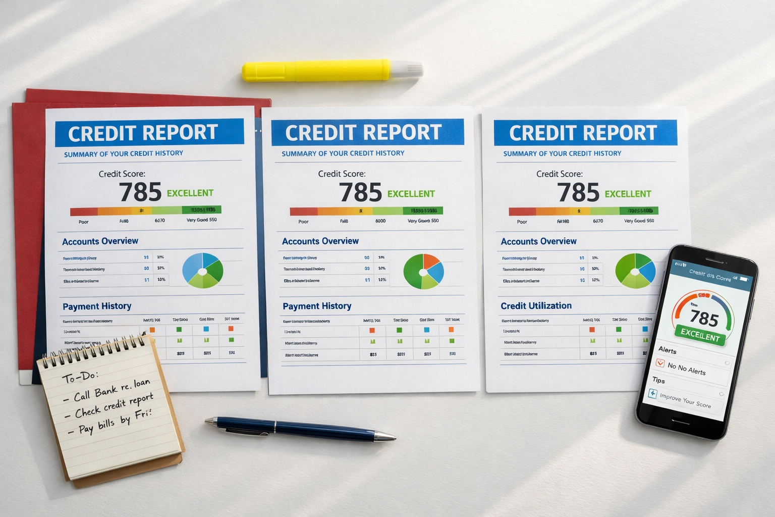 Credit reports from three bureaus laid out on desk for review and dispute process
