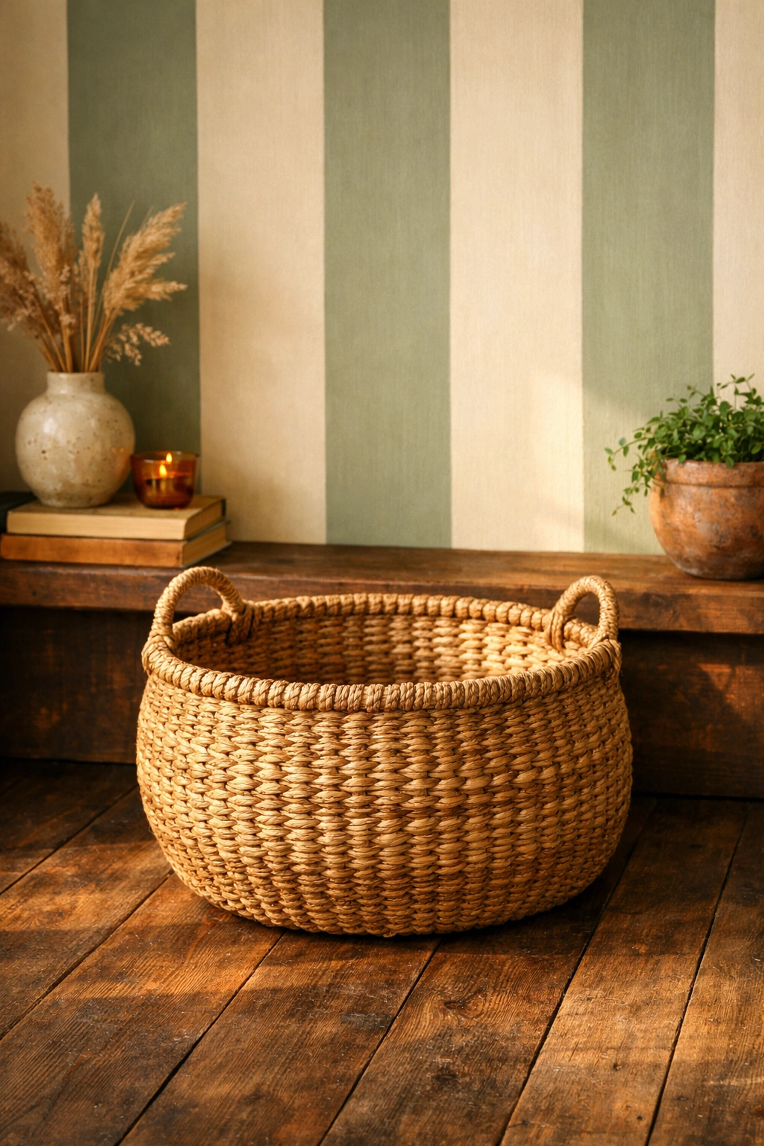Handcrafted woven basket on a dark wood floor paired with sage green and cream bold striped walls.