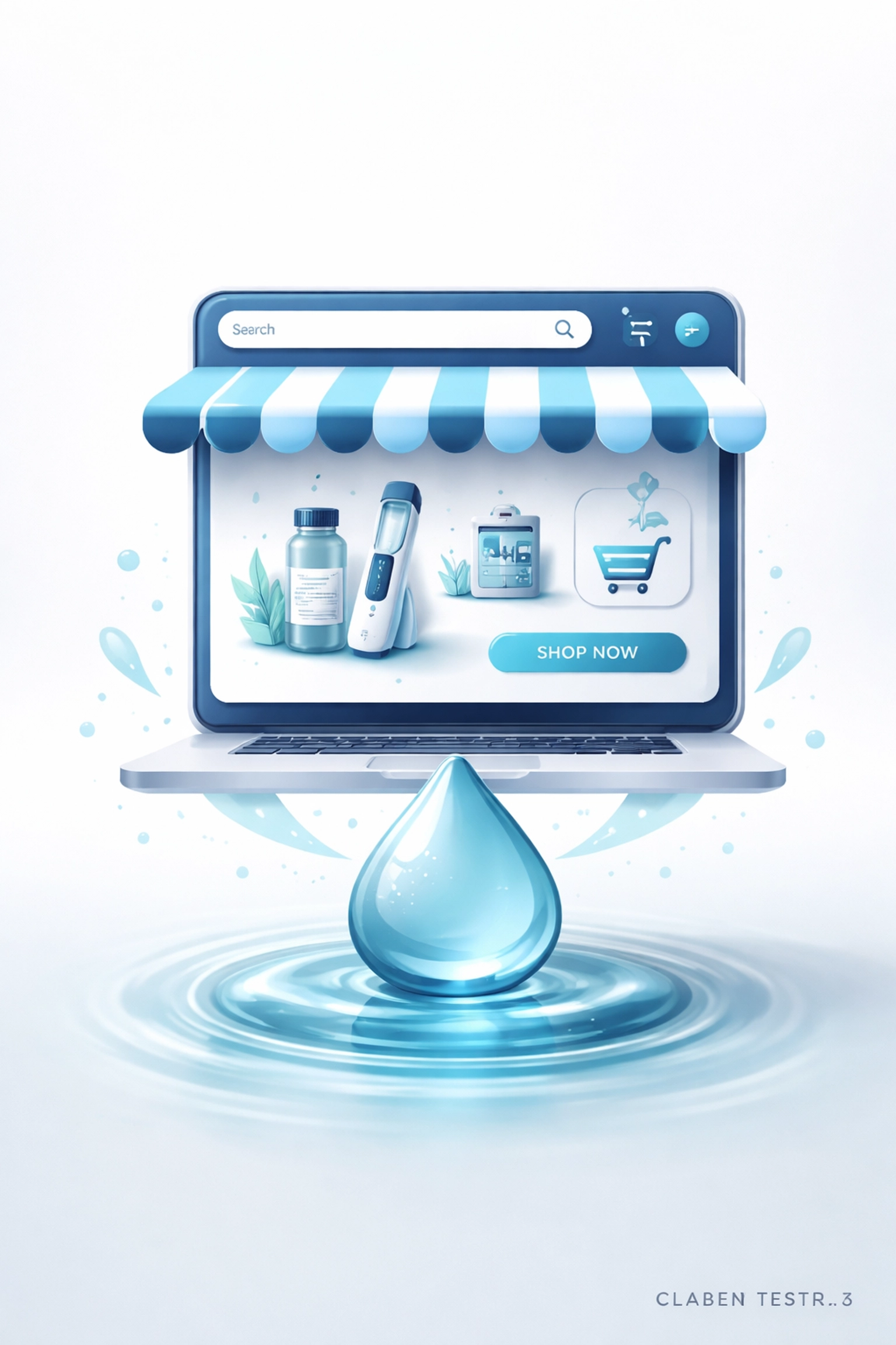 Illustration of a digital e-commerce storefront above a water drop, representing LaMotte's move to online B2B sales with Salesforce.