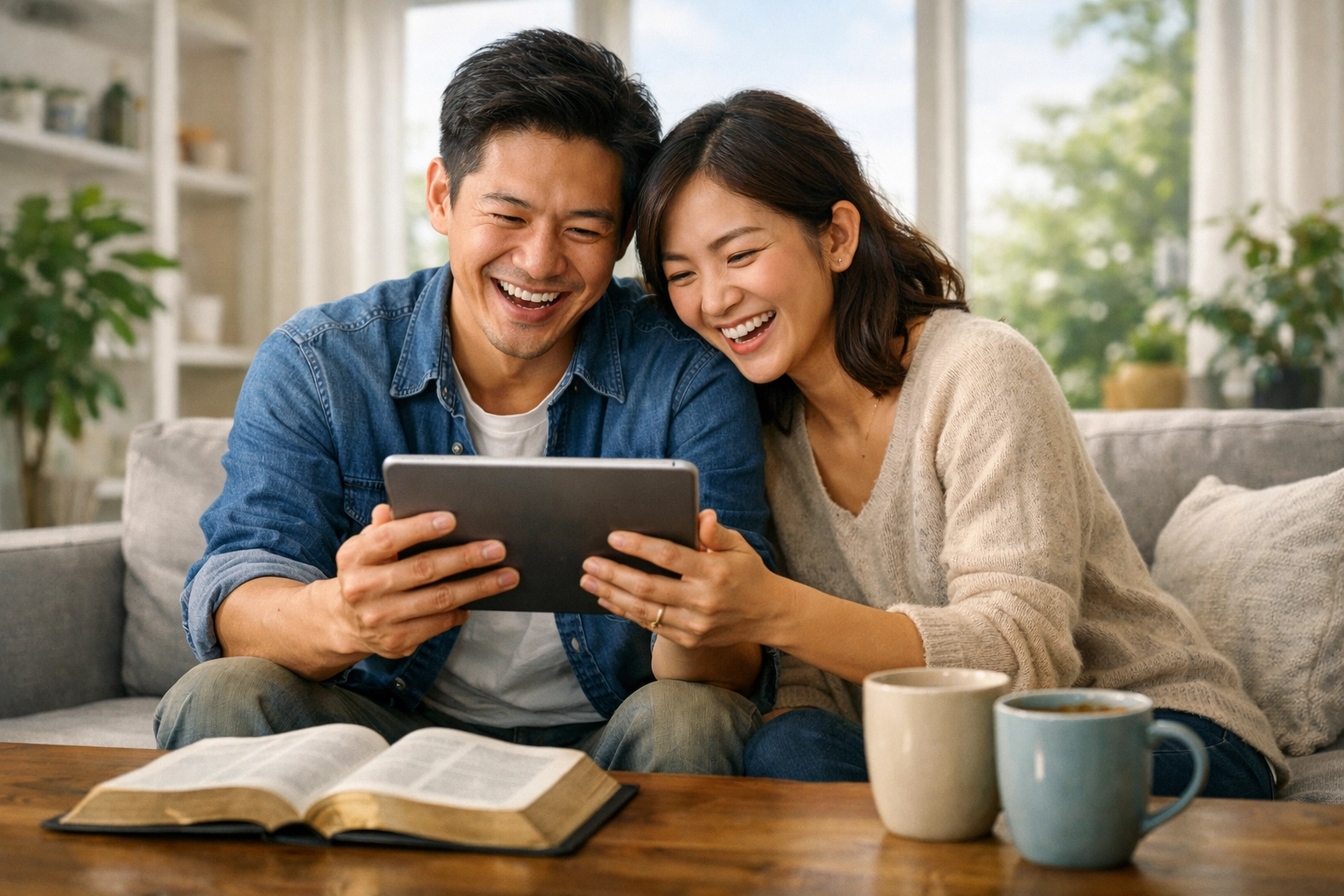 Couple enjoying consistent Christian fellowship in a virtual Bible study with First Assembly Memphis.