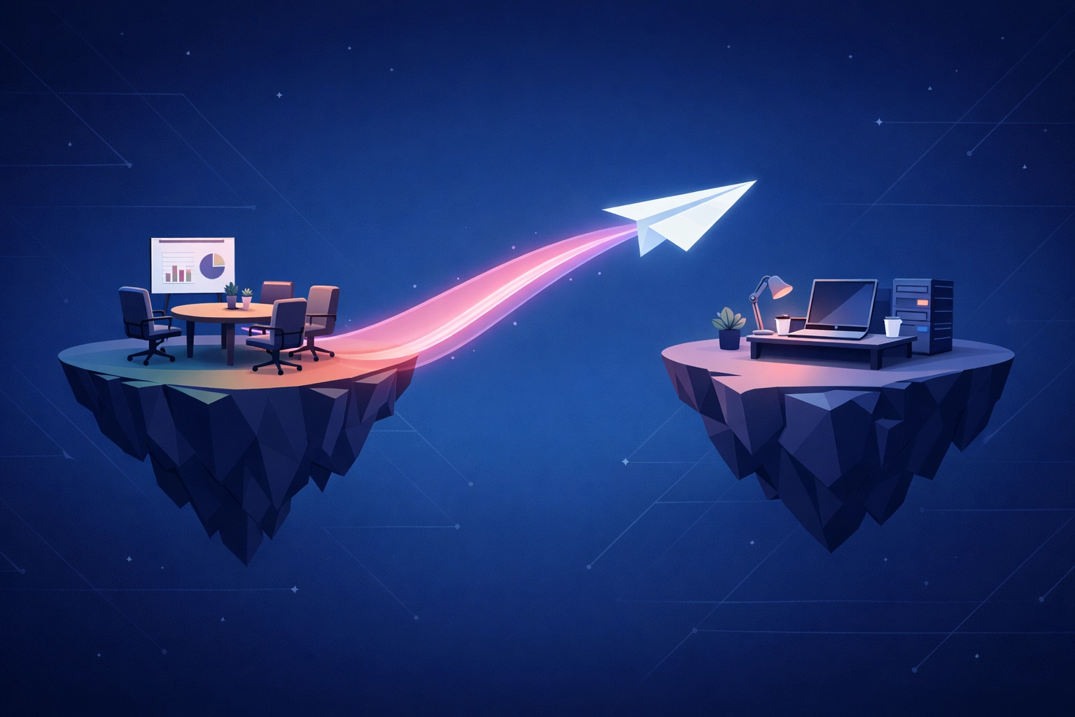 Paper plane illustration symbolizing a proactive follow-up strategy between a corporate event and digital office.