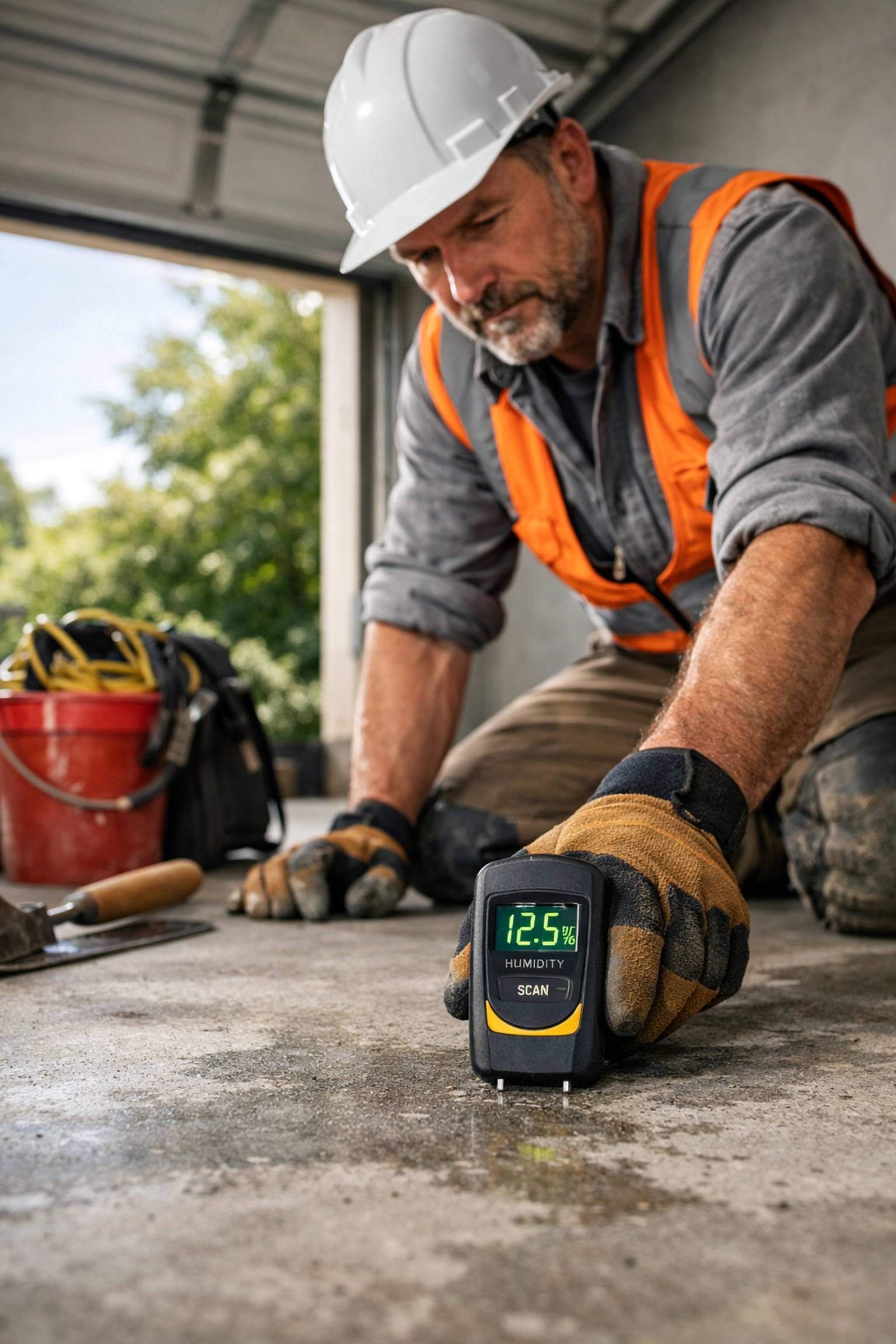 Concrete contractor in Ridgeland MS testing moisture levels on garage floor before coating installation