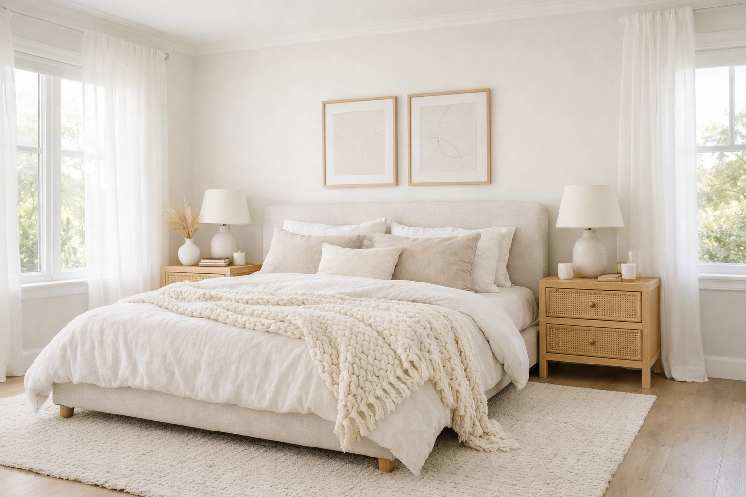 Modern master bedroom with neutral linens and two rattan nightstands for a clean no-demo upgrade.