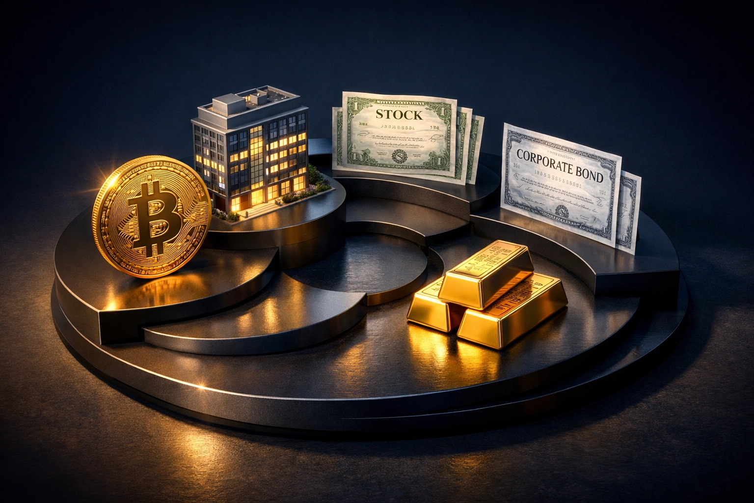 Diversified portfolio showing multiple asset classes including Bitcoin, real estate, and bonds for accredited investors