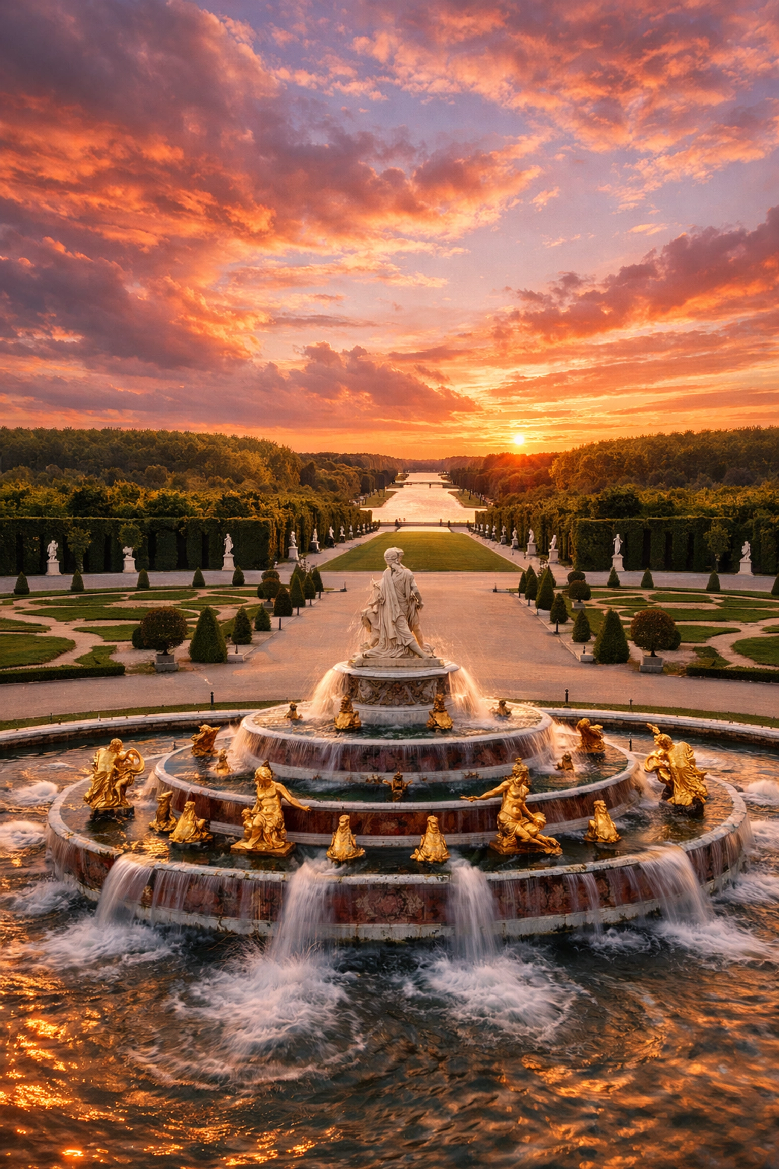 Sunset at the Gardens of Versailles from Latona Fountain, showcasing the best photography locations.
