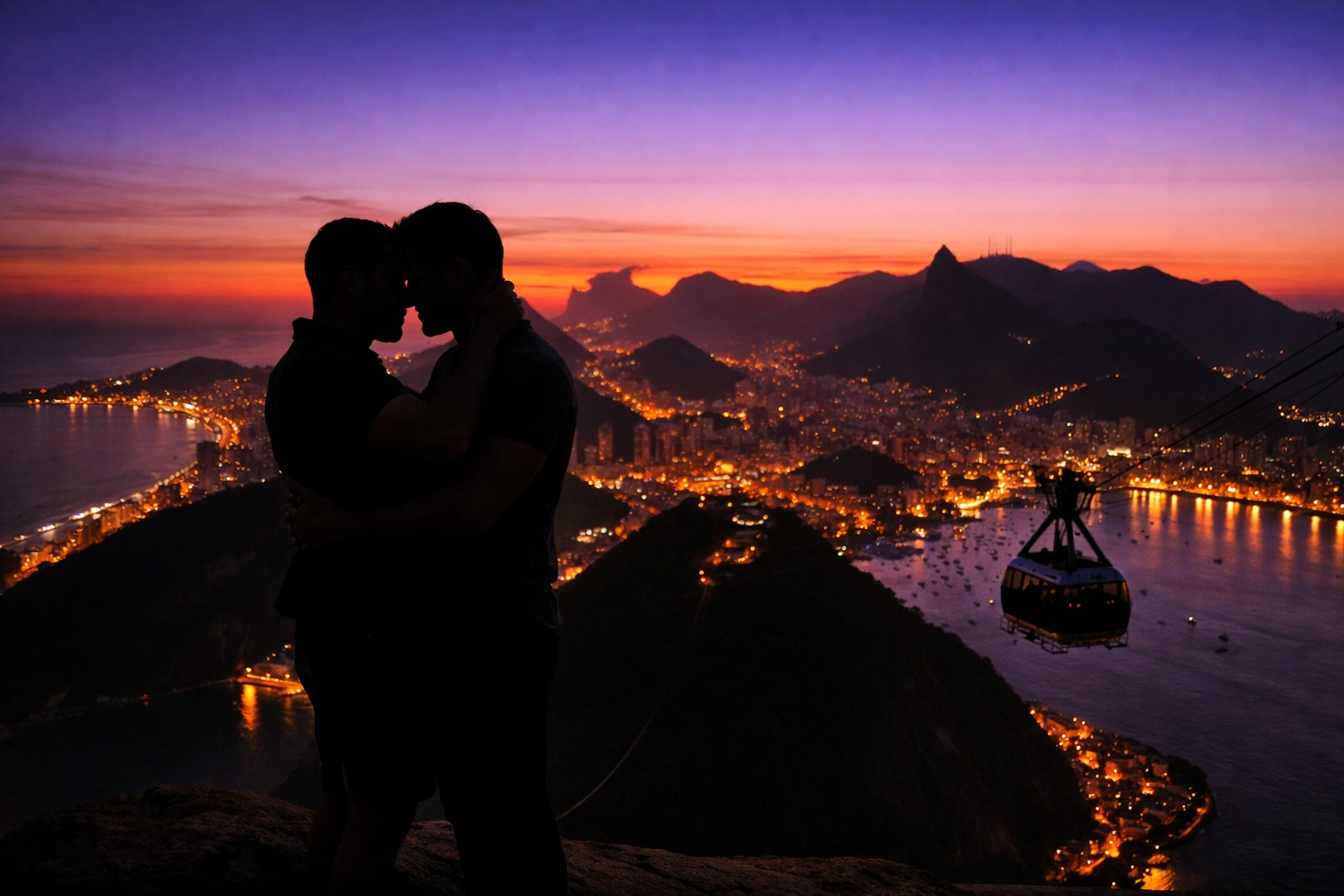Two men embracing at sunset overlooking Rio from Sugarloaf Mountain