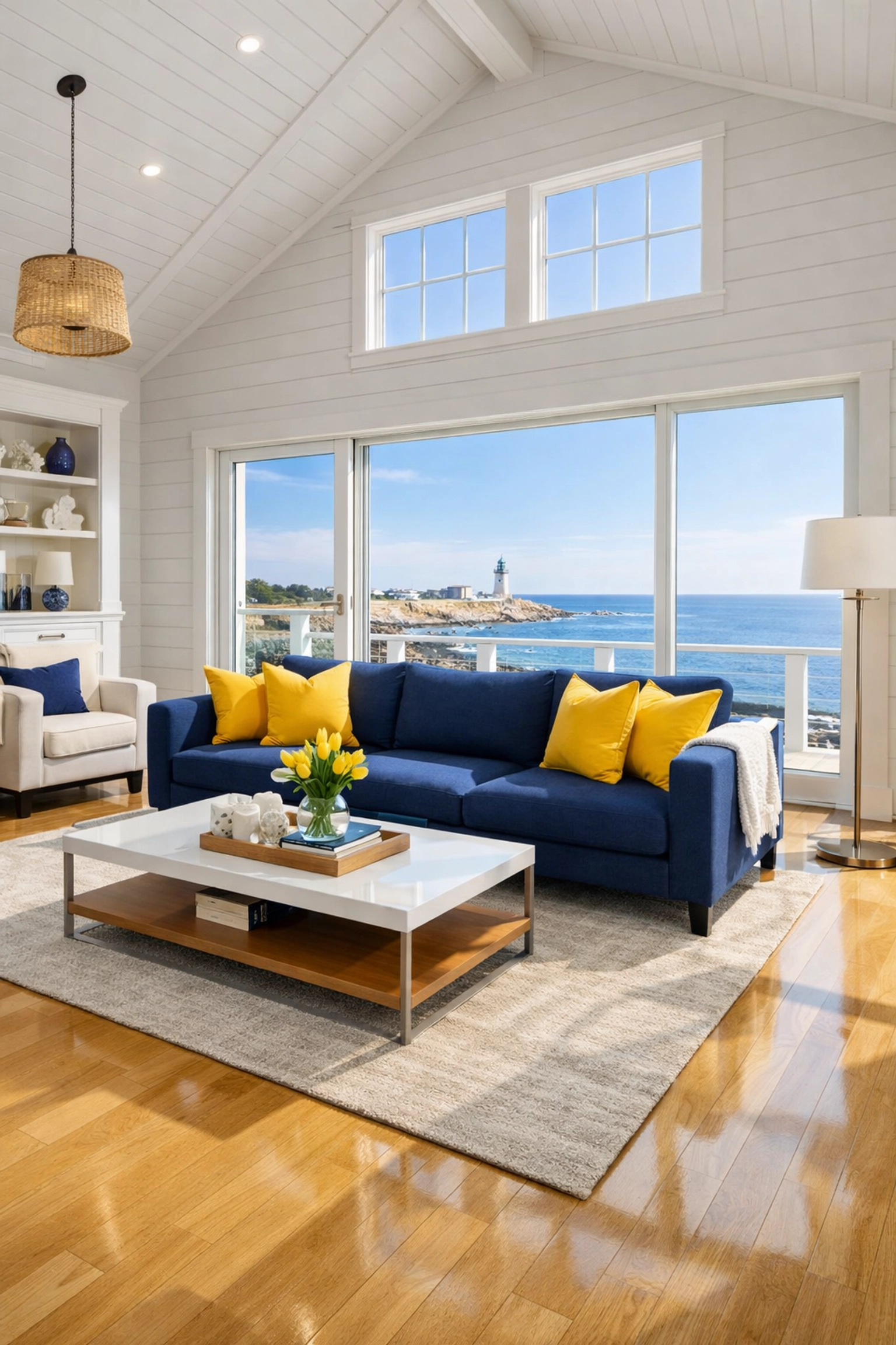 Spotless luxury coastal living room in Scituate featuring polished hardwood floors and high ceilings.