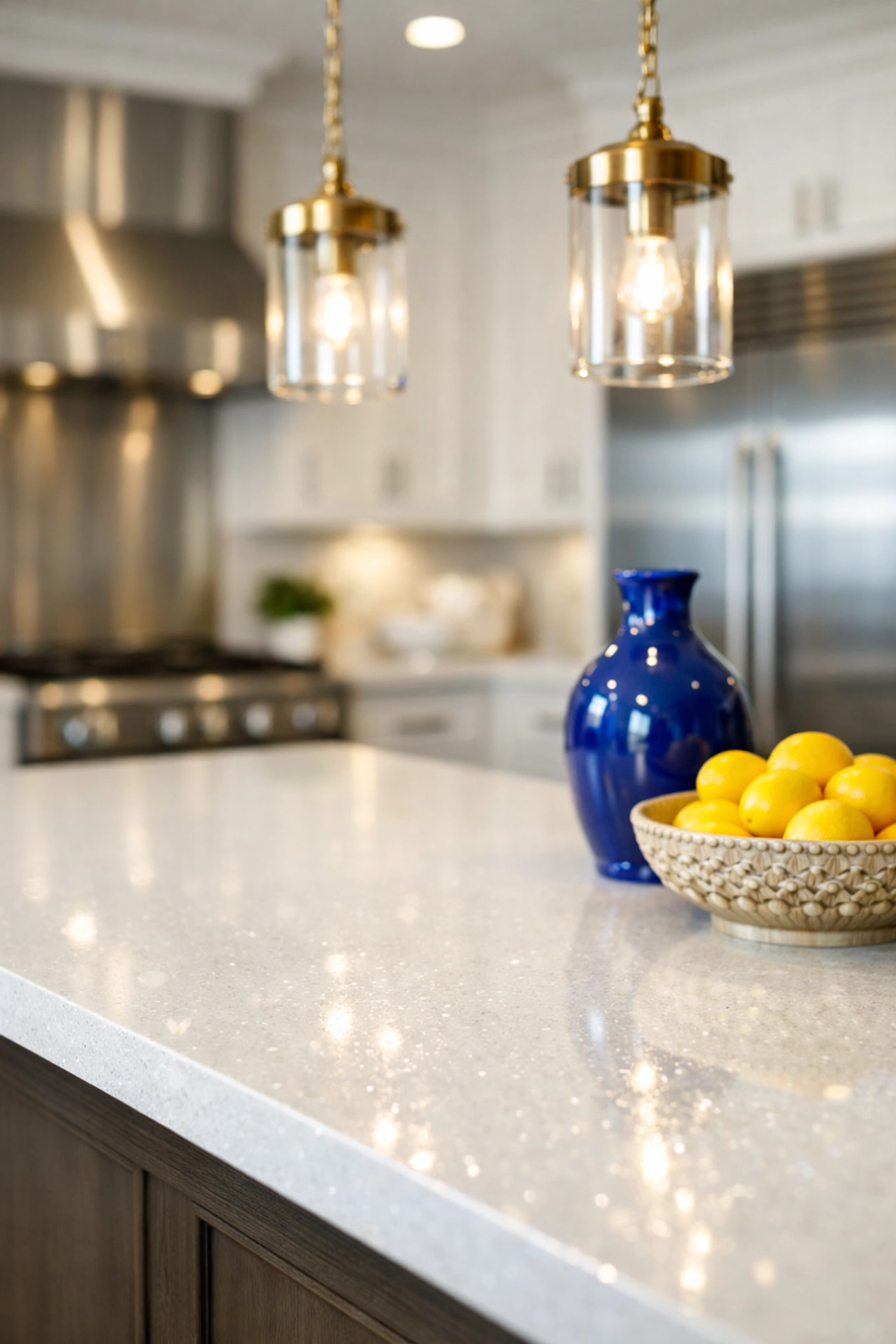 Clean white quartz kitchen island and spotless appliances showcasing the quality of weekly house cleaning Westford.
