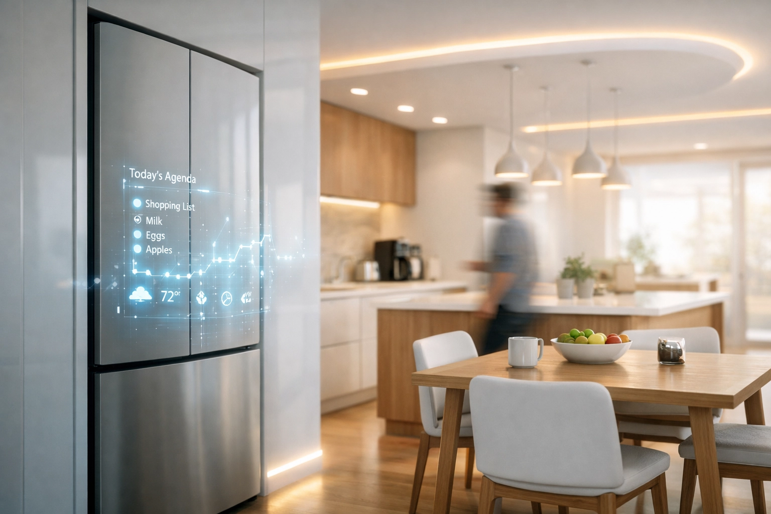 Smart kitchen with AI occupancy sensors and automated lighting for morning wellness.