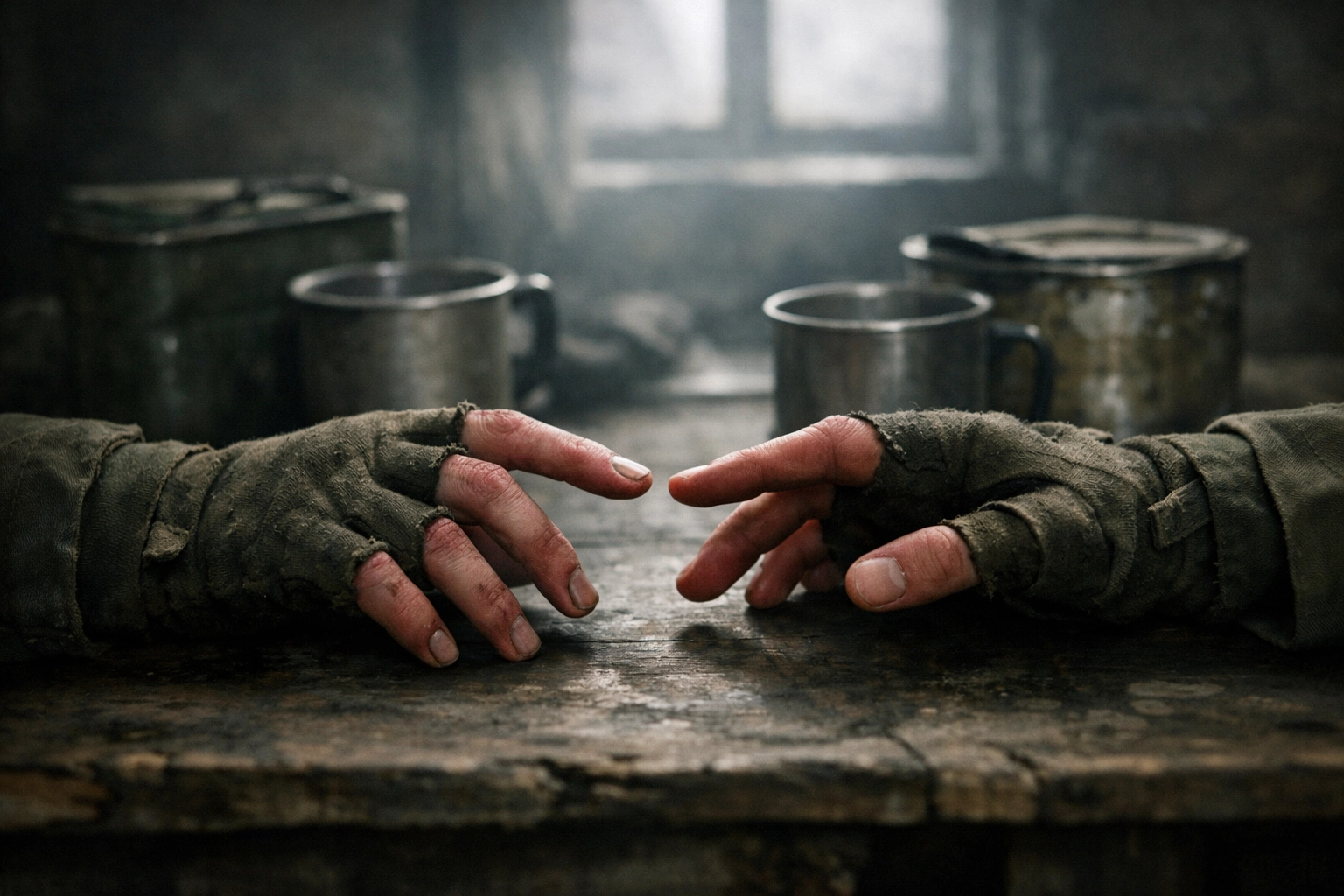 Hands reaching across table symbolizing forbidden love and longing in military romance