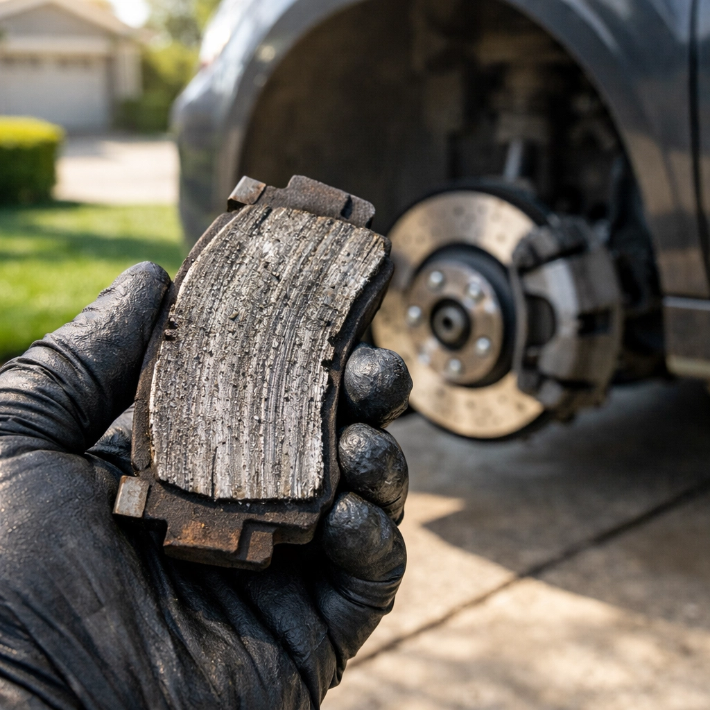 Professional mobile mechanic inspecting a worn brake pad in a Green Bay driveway.