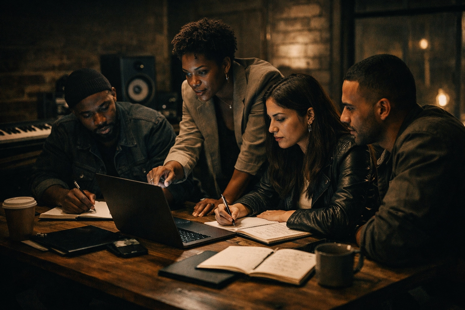 Gritty cinematic minimalist: diverse Black and Hispanic professionals collaborating in a late-night coworking studio with notebooks and music equipment