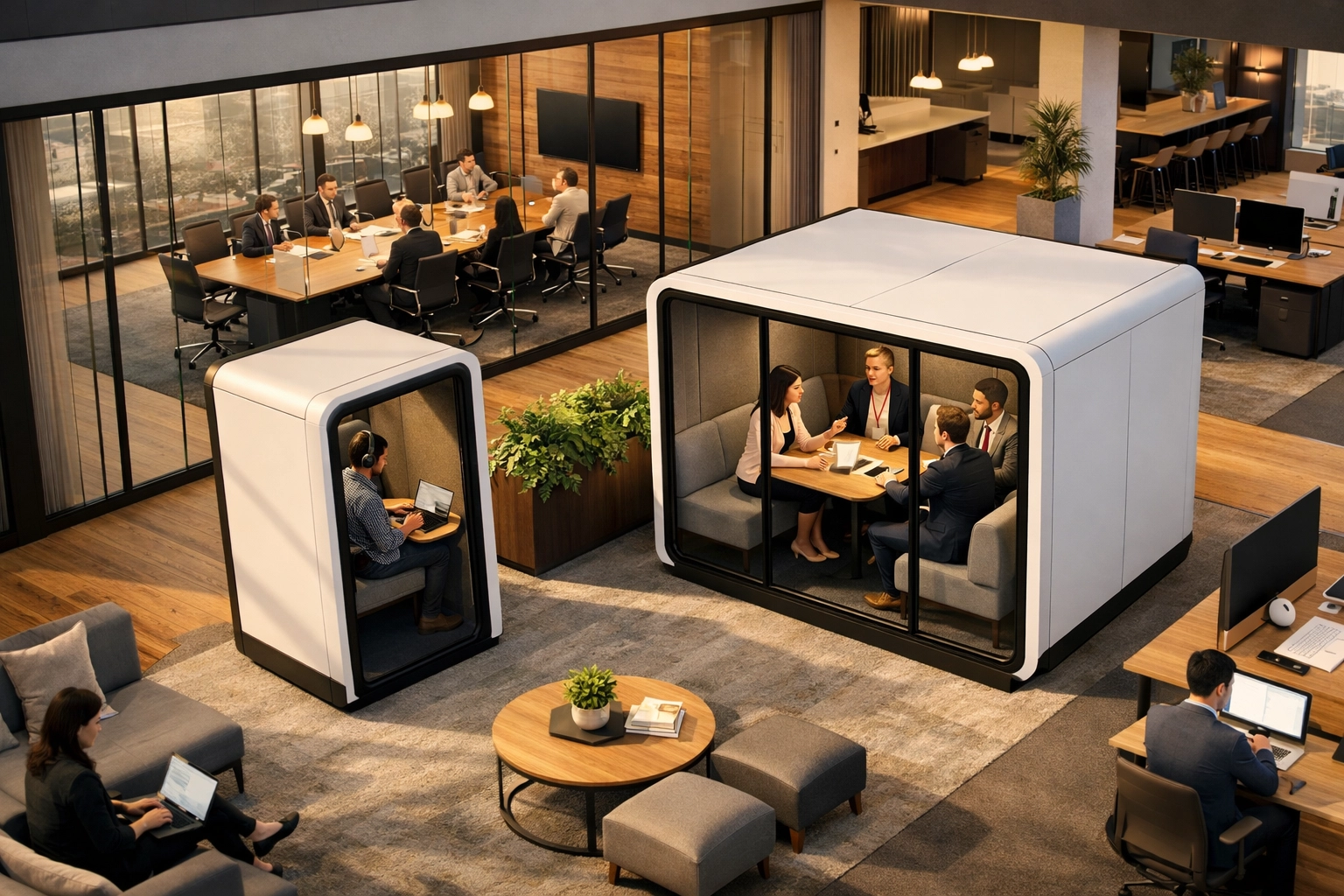 Hybrid office design combining acoustic pods and traditional conference rooms
