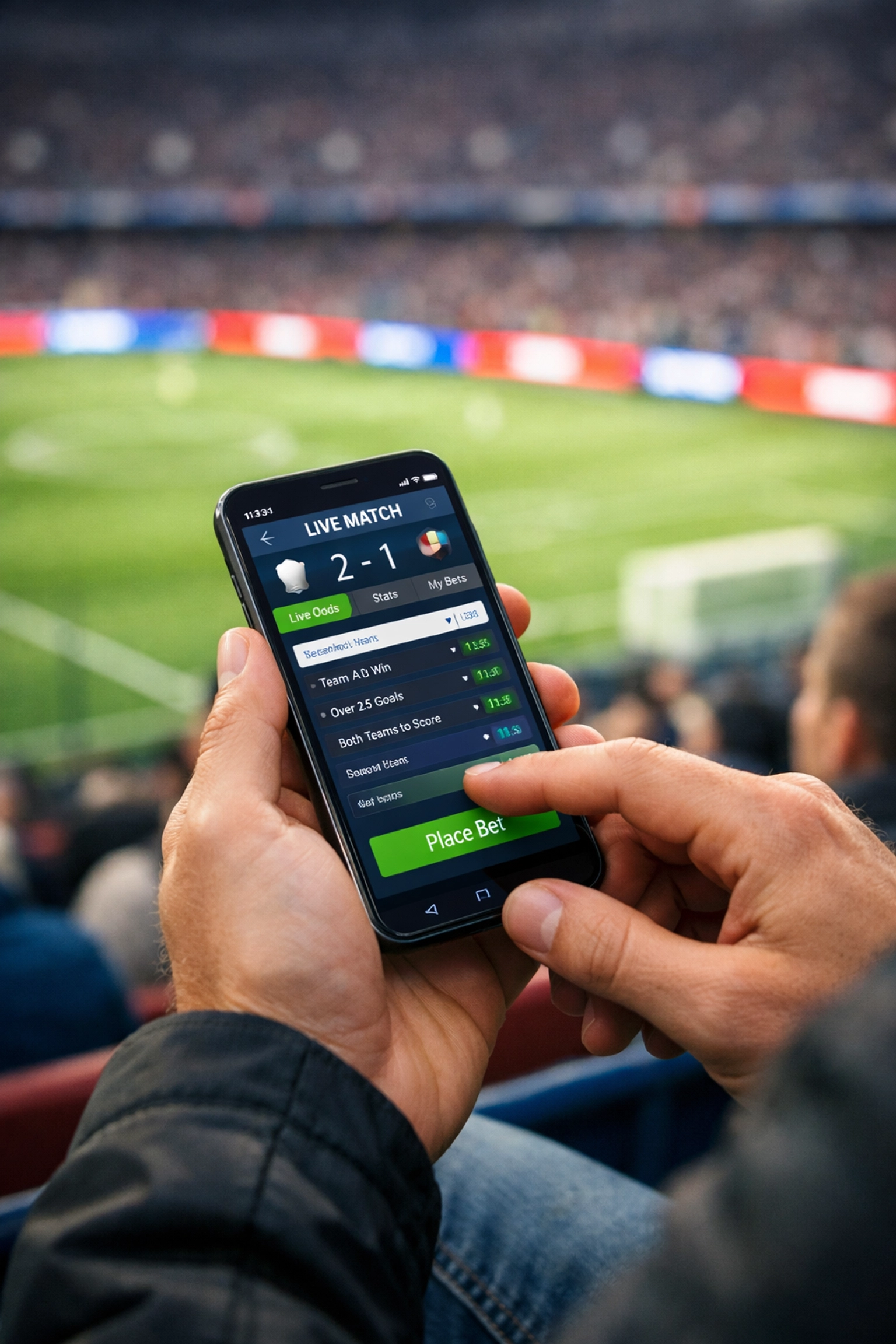 Stadium spectator using a smartphone to interact with digital out-of-home advertising content.