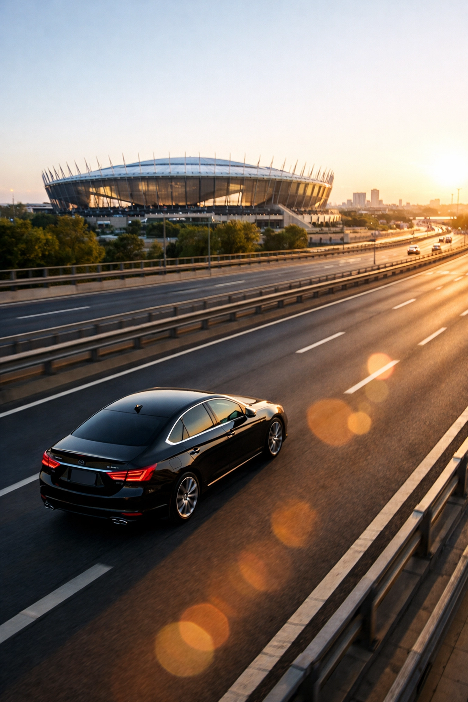 Luxury sedan traveling toward a major stadium for secure executive movement during Super Bowl LX.