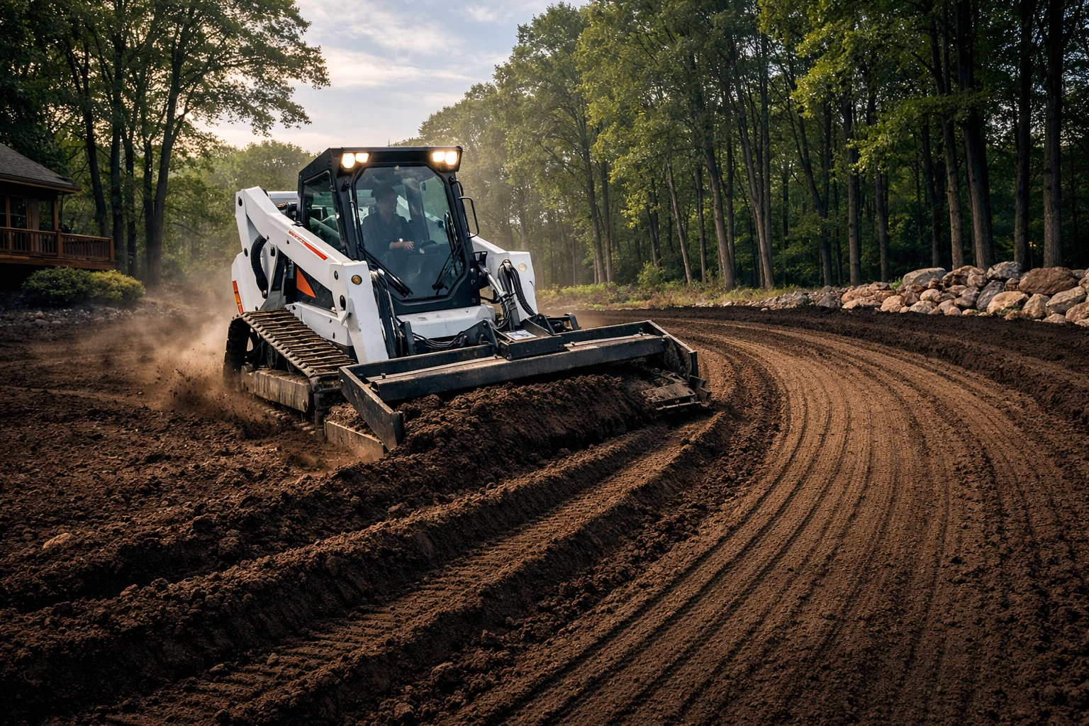 Skid steer performing precision grading and site preparation for a Clarkston land management project.