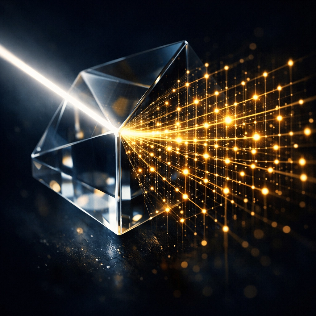 Abstract prism turning raw data into an organized grid, representing clarity through custom software development.