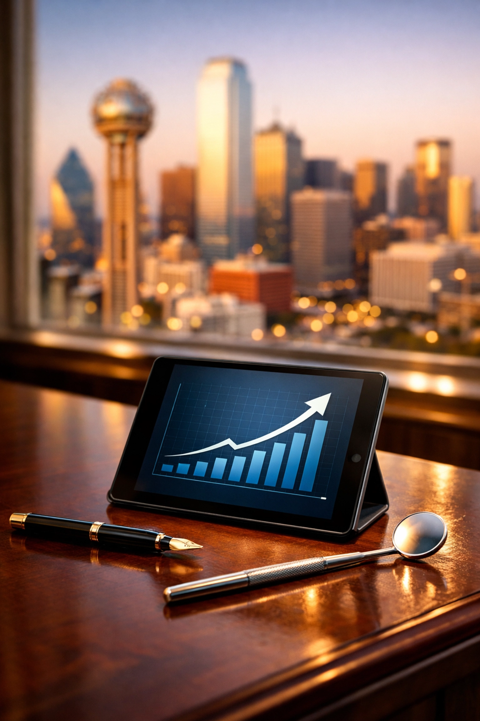 Financial growth chart and dental mirror in a Dallas office, showcasing tax planning for dental practices.