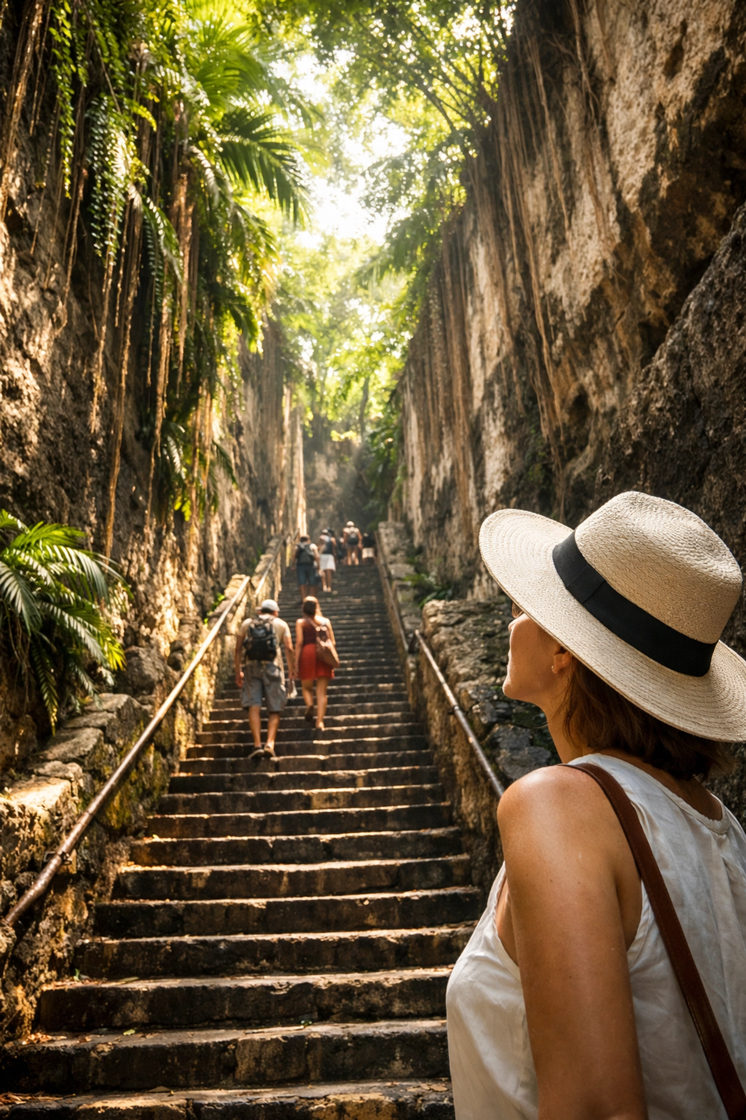 Travelers admiring the historic Queen’s Staircase, a lush limestone landmark in Nassau, Bahamas.