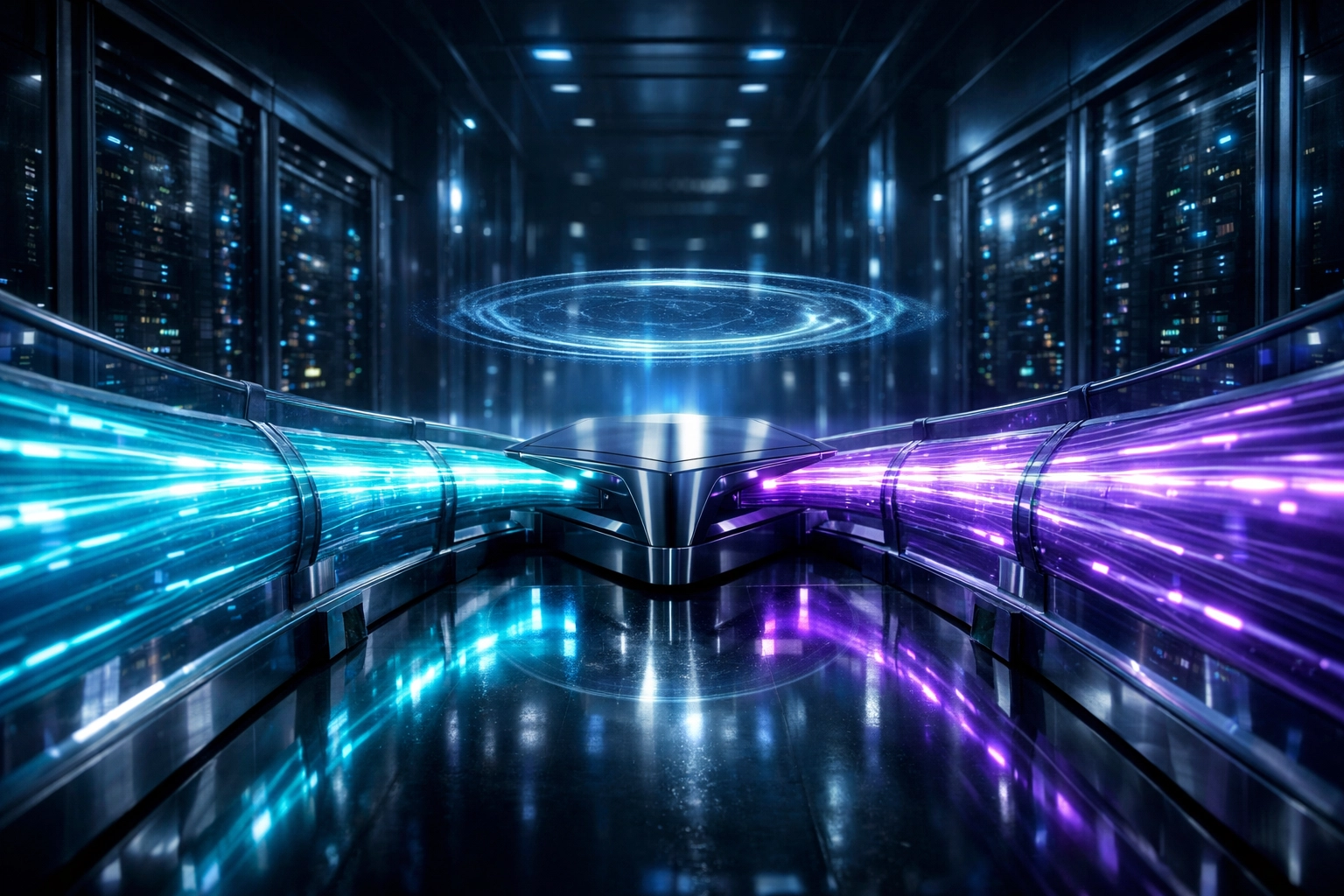 AI data corridor showing the flow of information through secure routers for business cybersecurity.