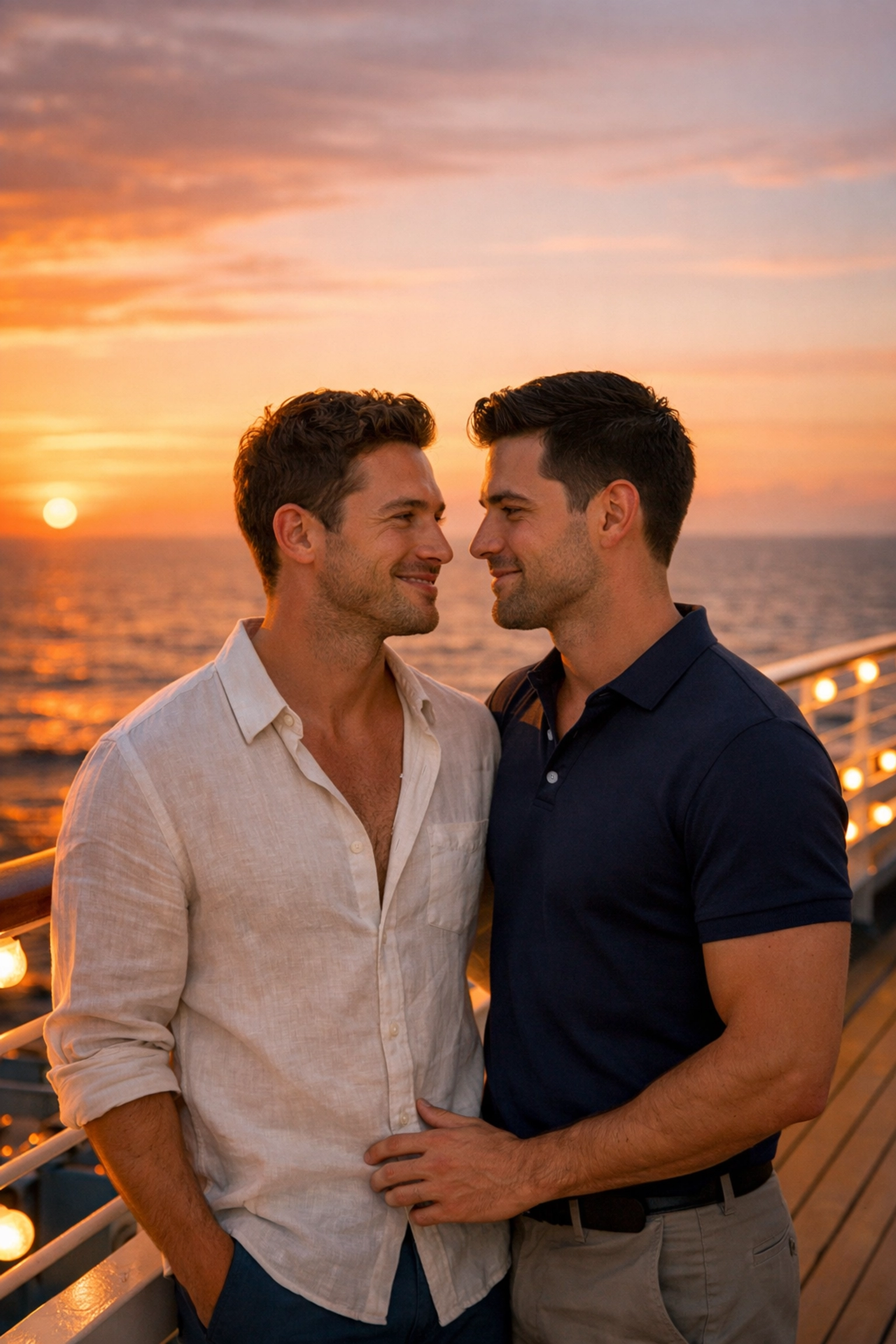 Two men sharing romantic moment on cruise ship deck at sunset - MM romance setting