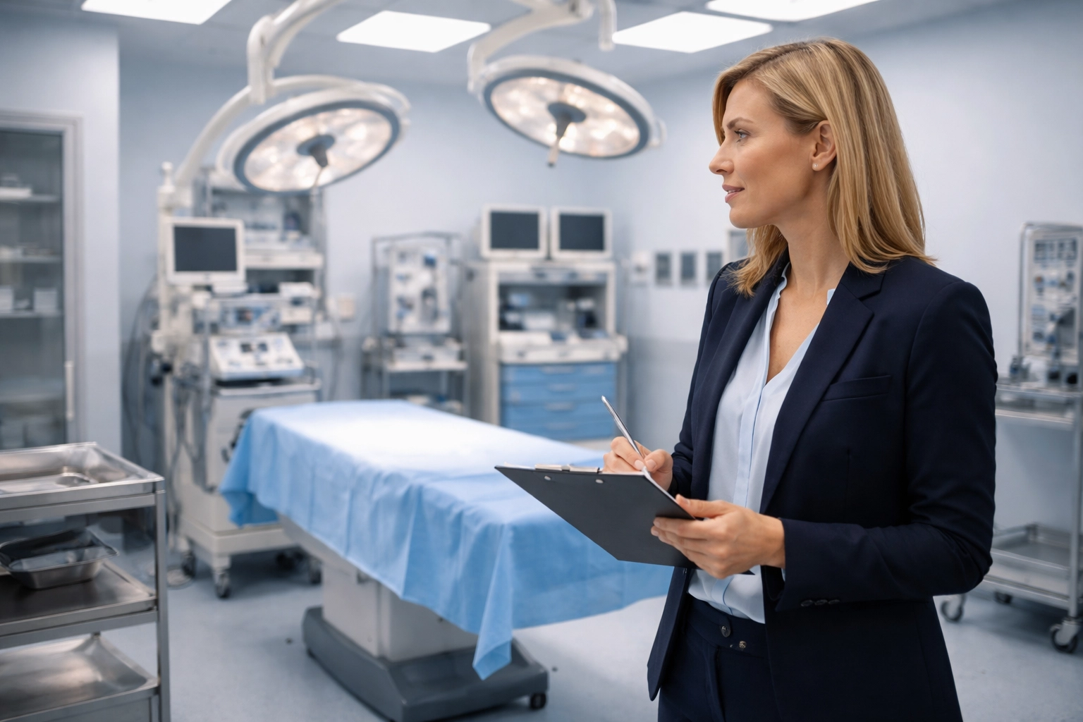 Healthcare consultant conducting a mock accreditation survey in an ambulatory surgery center operating room