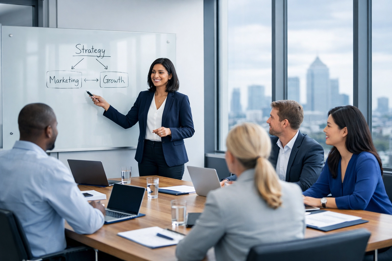 A group of professionals attending a high-impact sales training session in a modern UK boardroom.