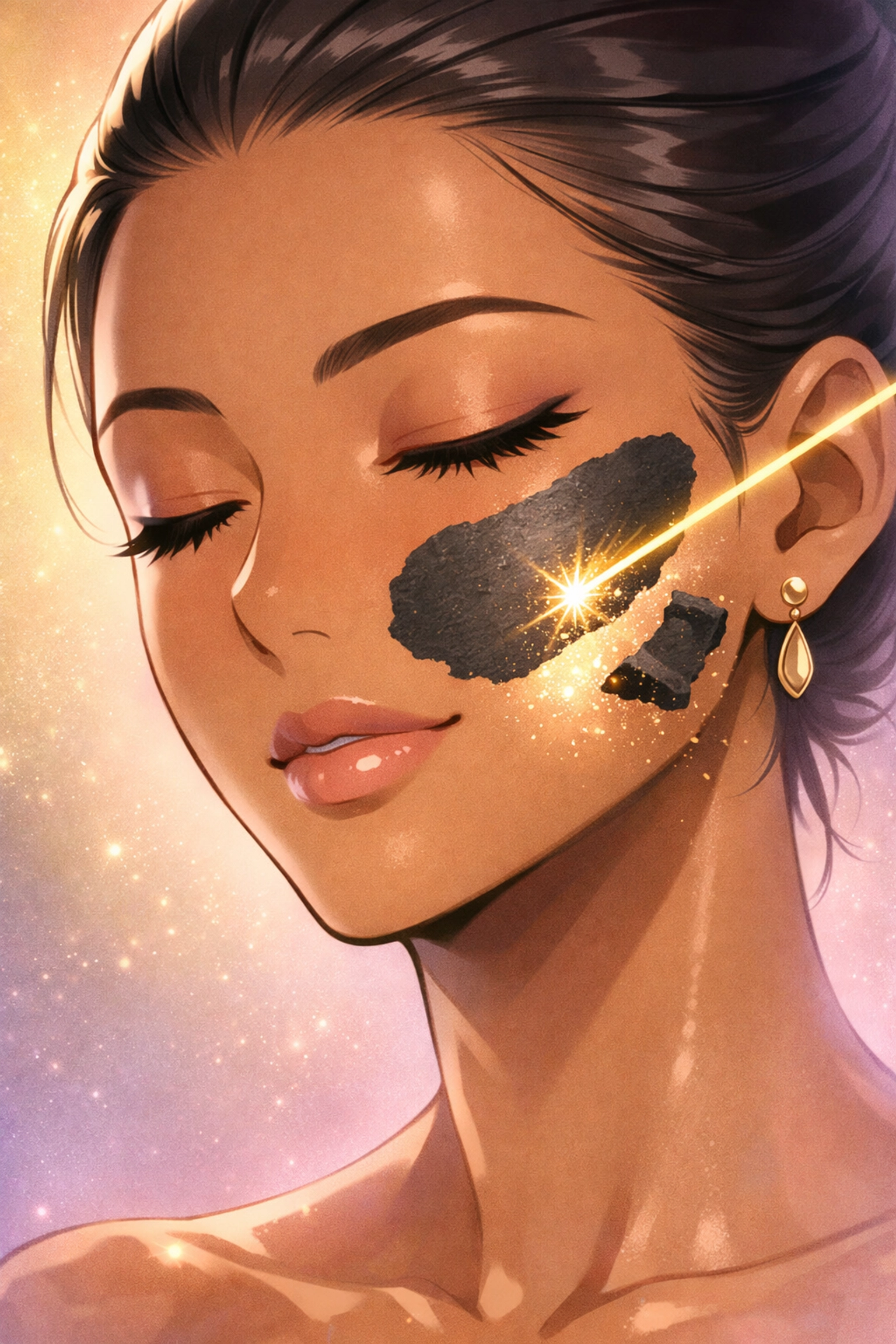 A carbon glow facial laser treatment removing a charcoal mask to reveal radiant, clear skin.