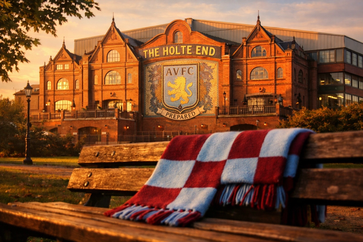 View of Villa Park’s Holte End from Aston Park with a memorial football scarf at sunset.