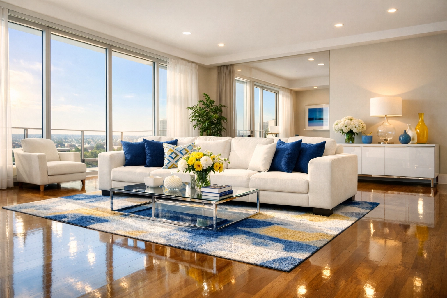 A bright and sanitized living room with polished floors, showing the results of professional cleaning.