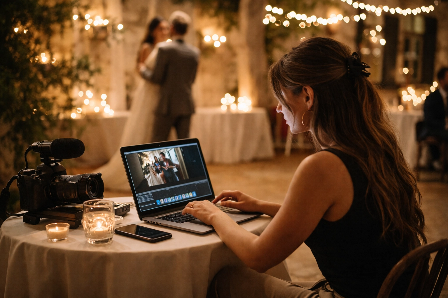 Female wedding videographer edits a same-day highlight reel at a New Orleans reception