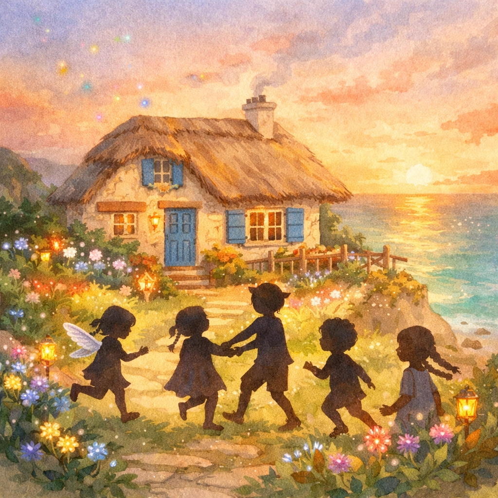 Magical children play near seaside cottage representing found family in House in the Cerulean Sea