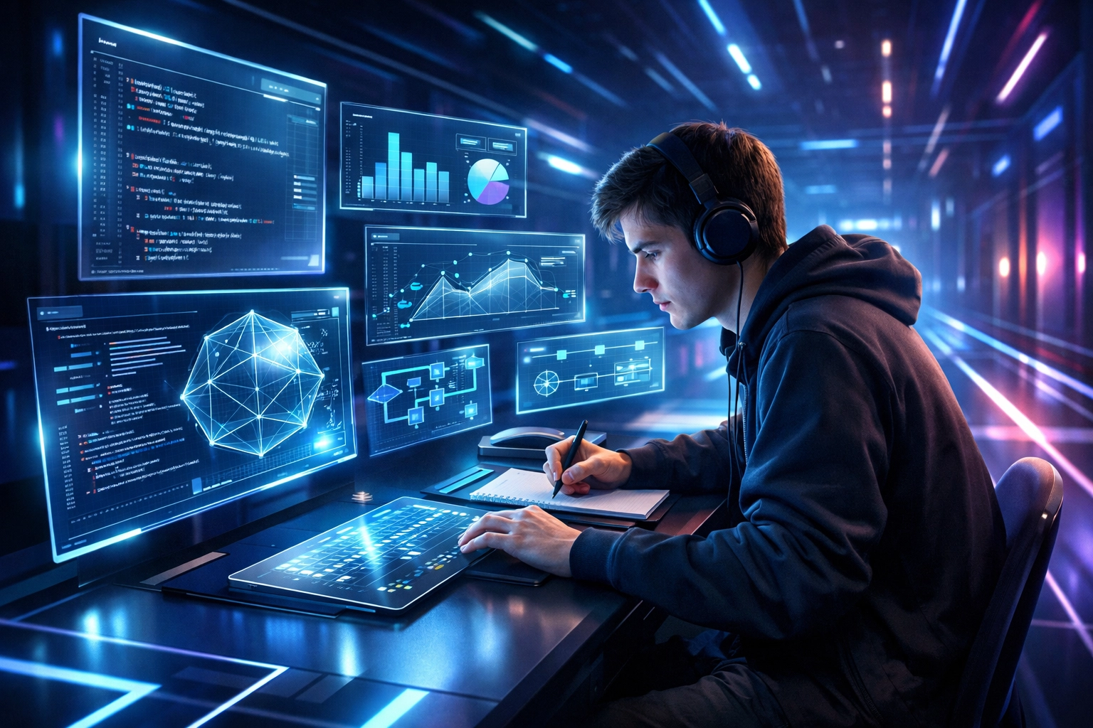 High school student using advanced technology to follow a structured learning pathway and close the skills gap.