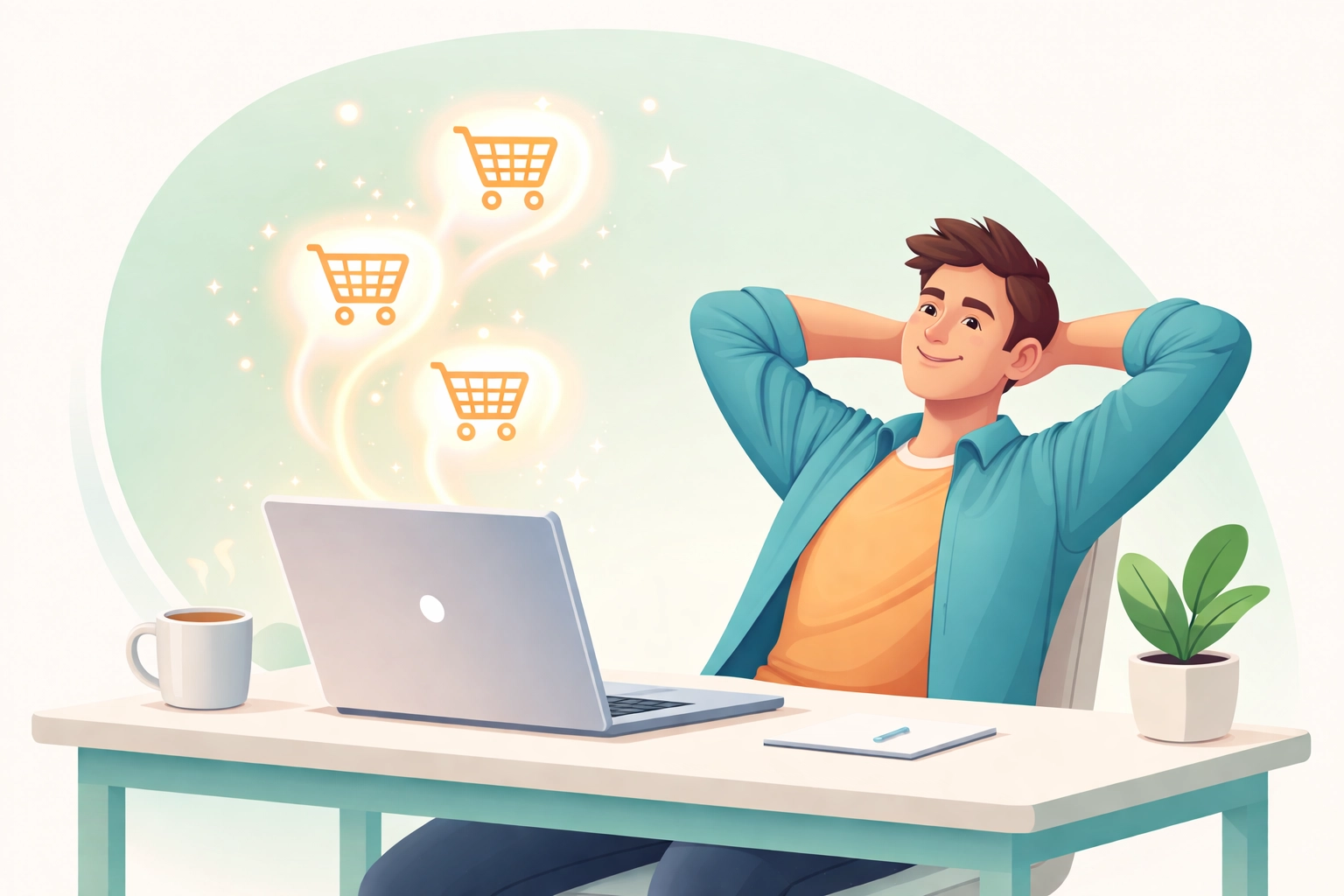 Entrepreneur at a minimalist desk with laptop and rising shopping cart icons, symbolizing easy passive income from digital product sales.