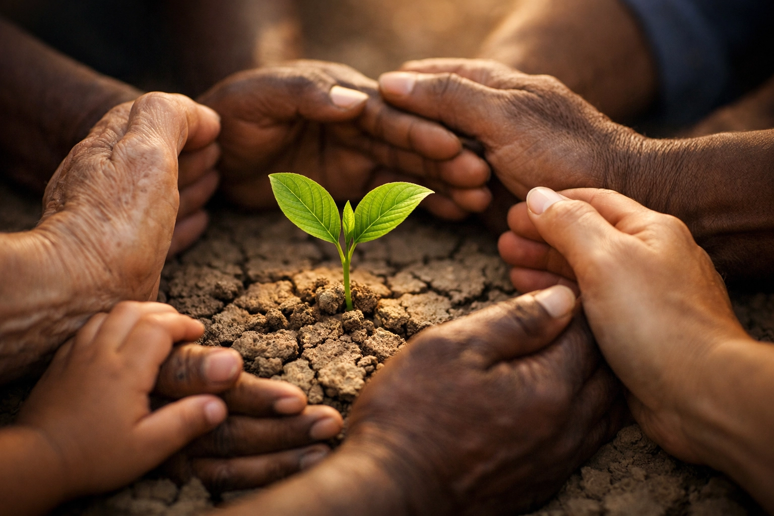 Diverse hands protecting a small green plant in cracked earth to show humanitarian growth and hope.