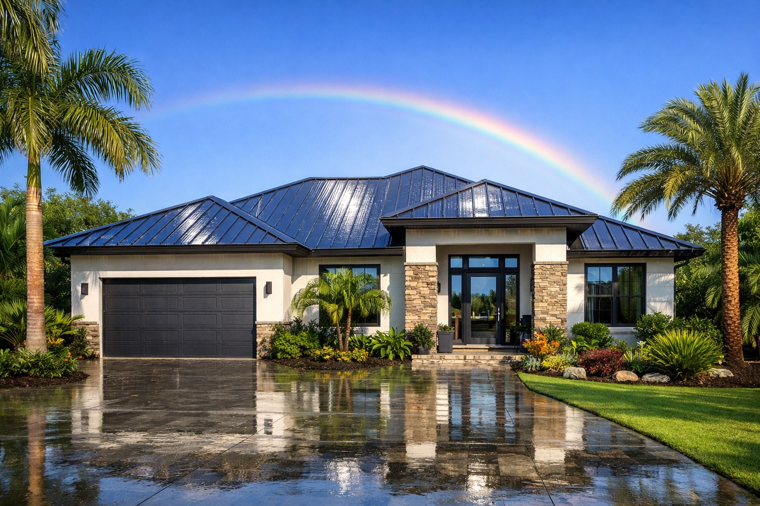 Durable Florida metal roof intact after a storm, meeting 160 MPH wind standards for insurance savings.