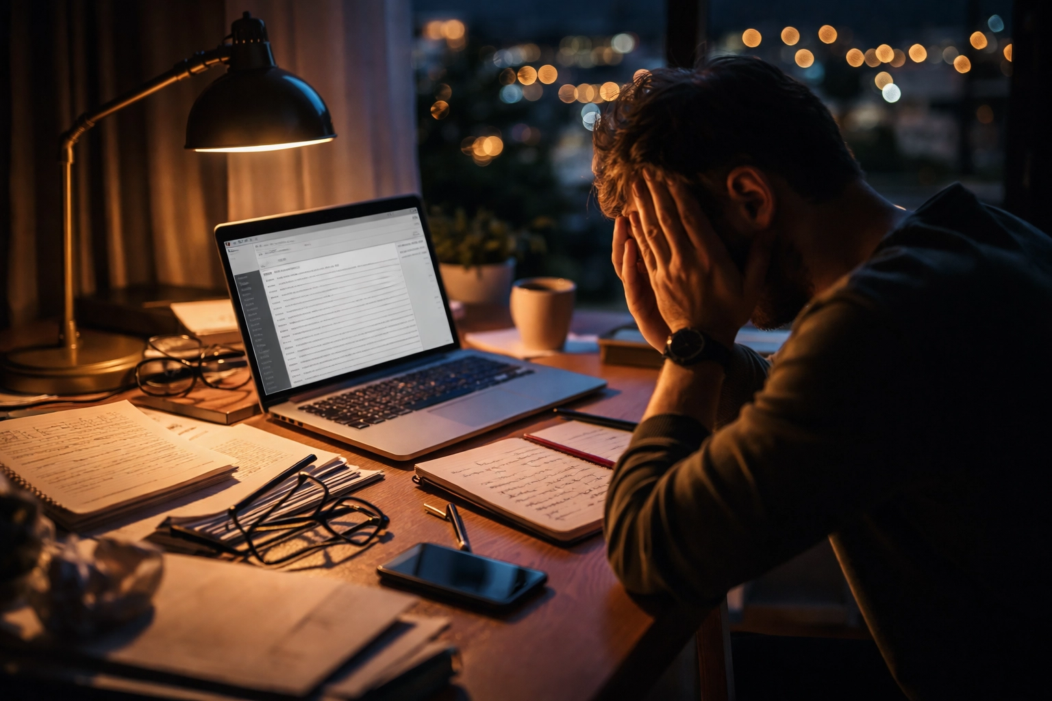 Overwhelmed business owner at cluttered desk struggling with manual admin tasks at night