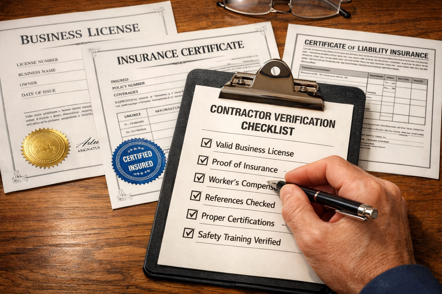 Contractor insurance certificates and licensing documents for hardwood flooring verification