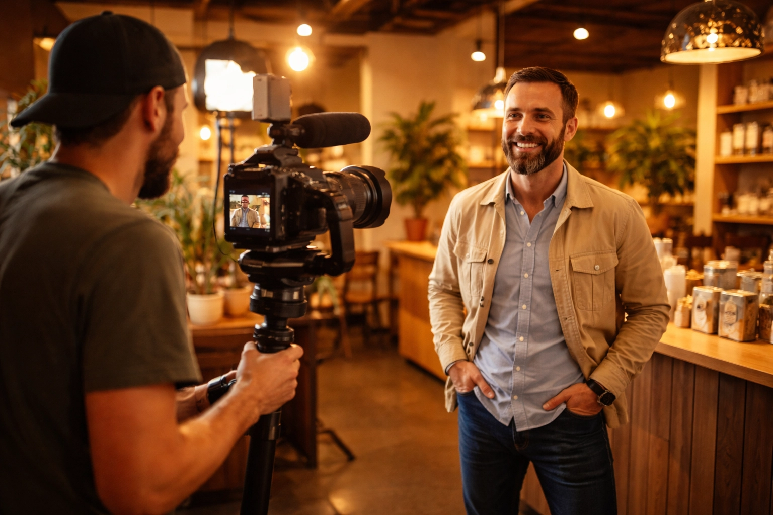 Boise business owner working with a professional video team, highlighting expert monthly video production.