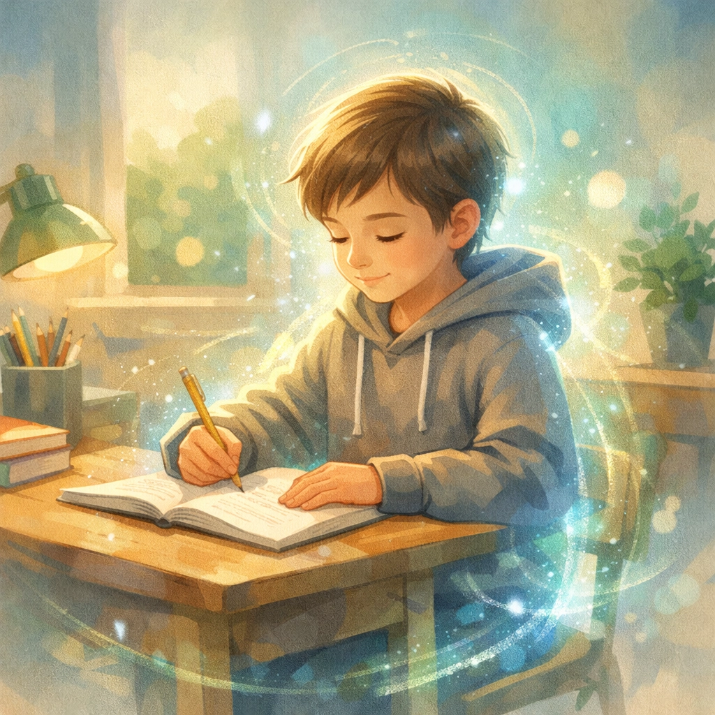 Child wearing weighted hoodie focused on homework showing calm proprioceptive regulation