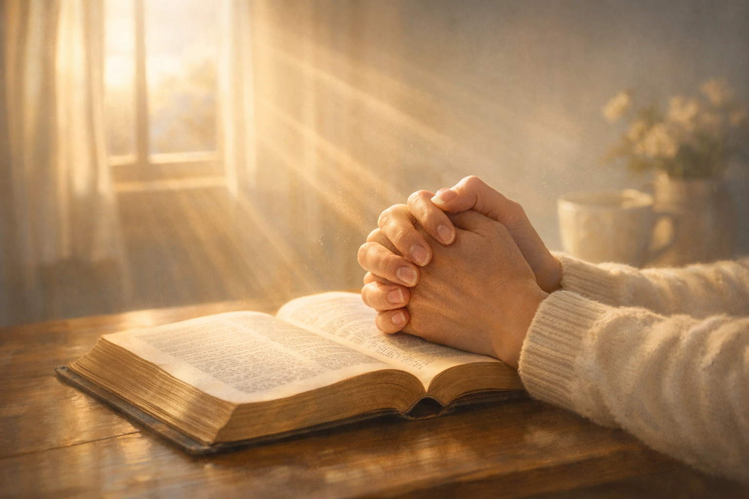 Hands folded in prayer over open Bible with morning light streaming through window