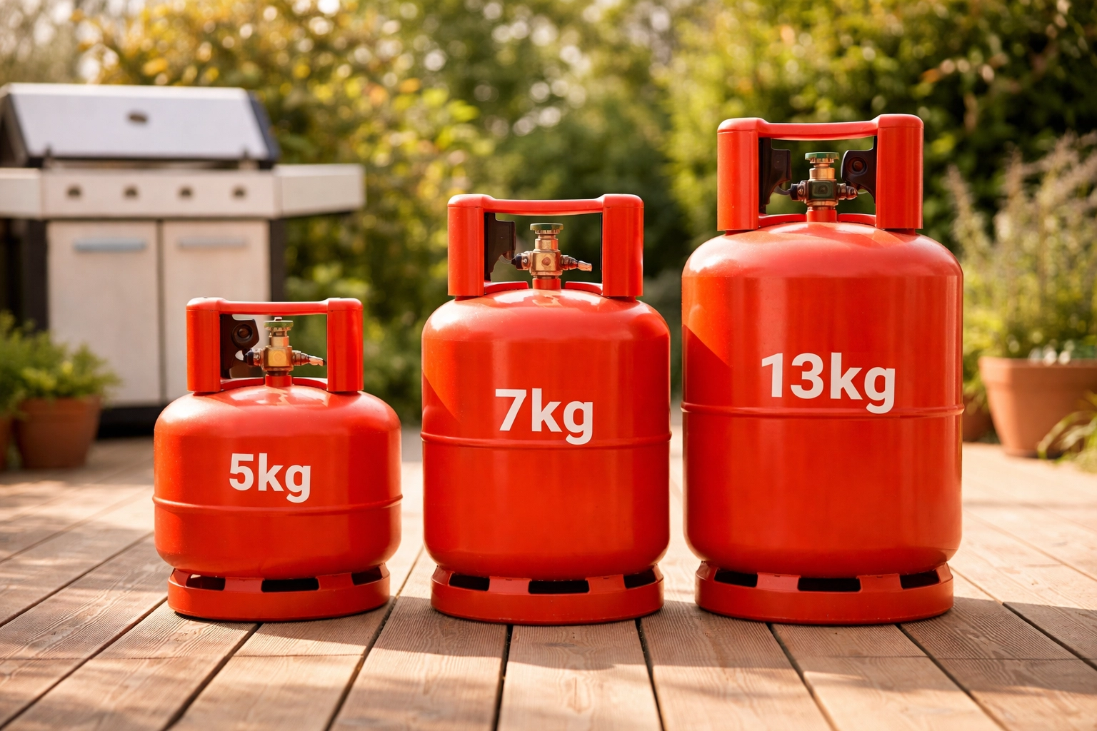 Three different sized propane BBQ gas bottles on a patio deck next to a grill in a UK summer garden setting.