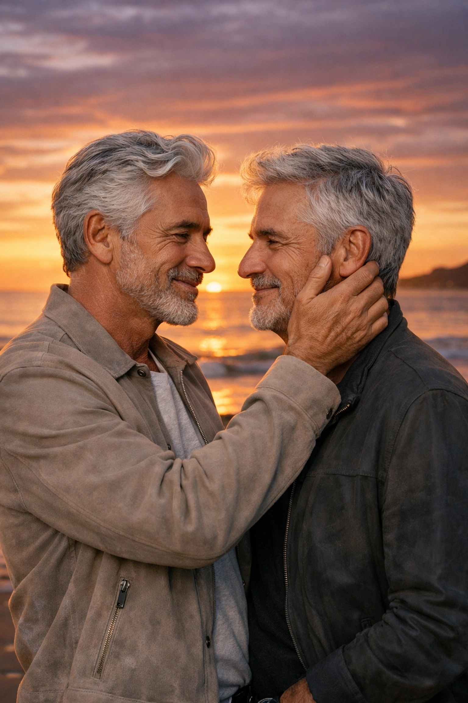 An older gay couple sharing an affectionate moment at sunset, reflecting late bloomer themes in MM romance books.