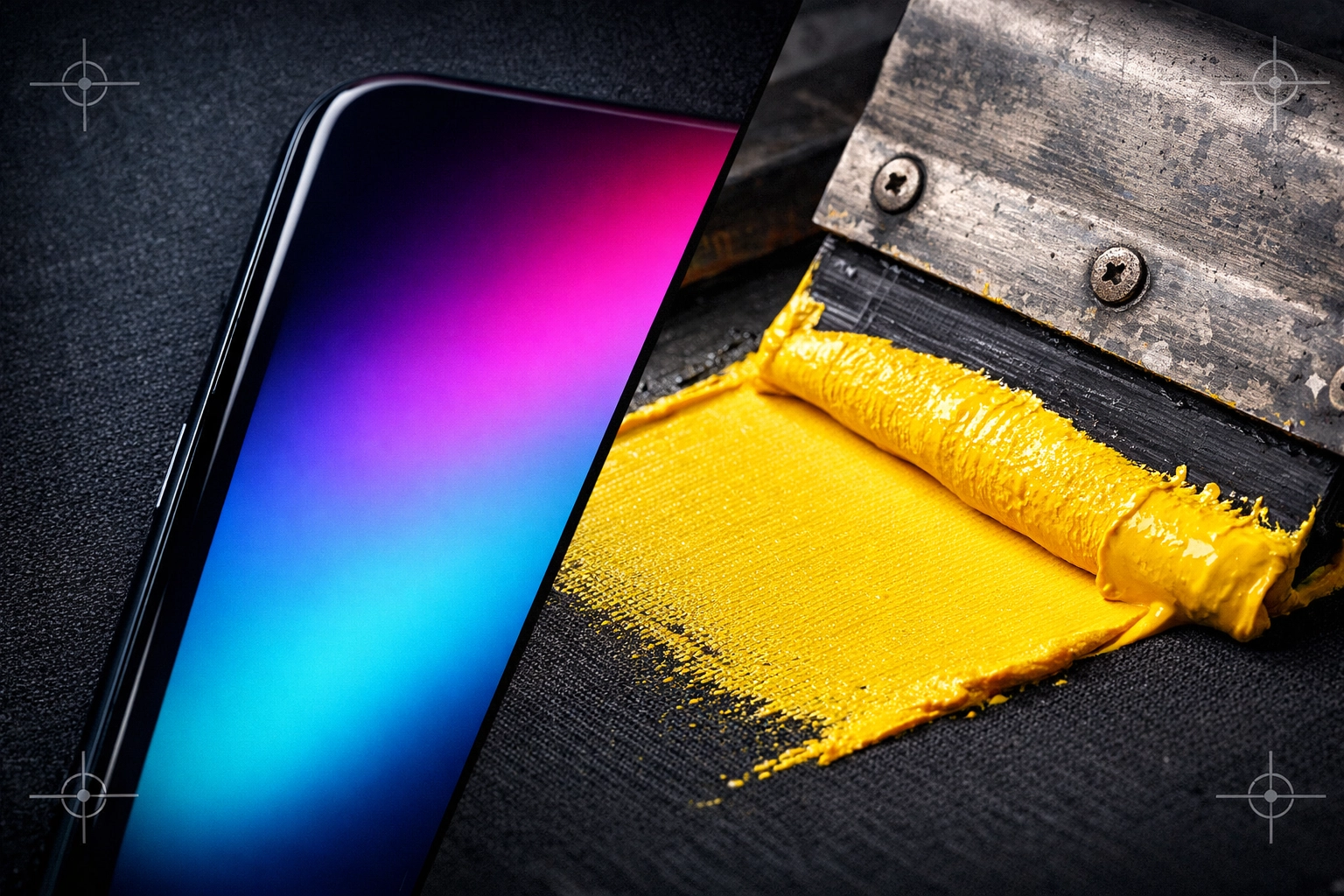 Comparison of digital RGB light on a smartphone to tactile CMYK screen printing ink on black fabric.