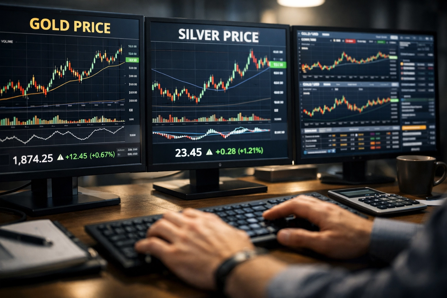 Gold and silver price charts on trading monitors showing 2026 market data