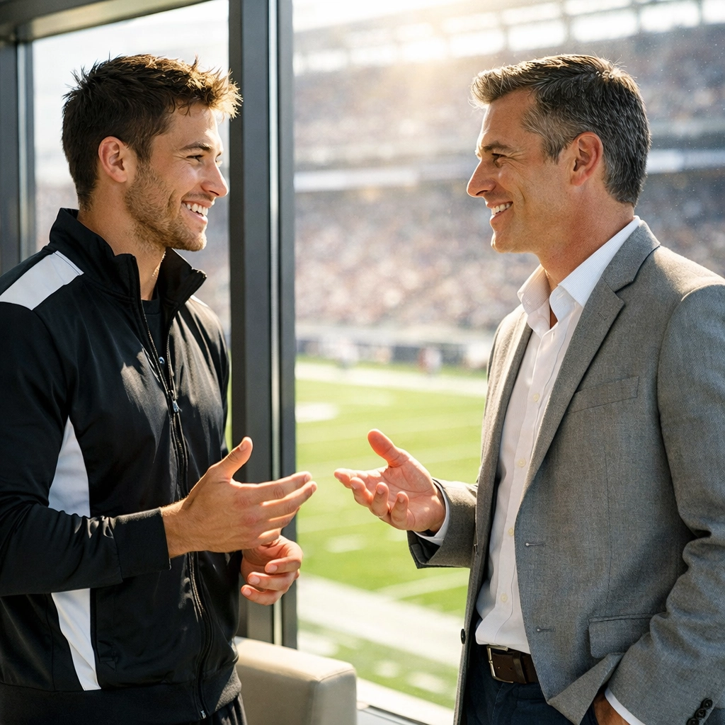 Professional athlete and corporate executive discussing NIL partnership in a modern stadium suite.