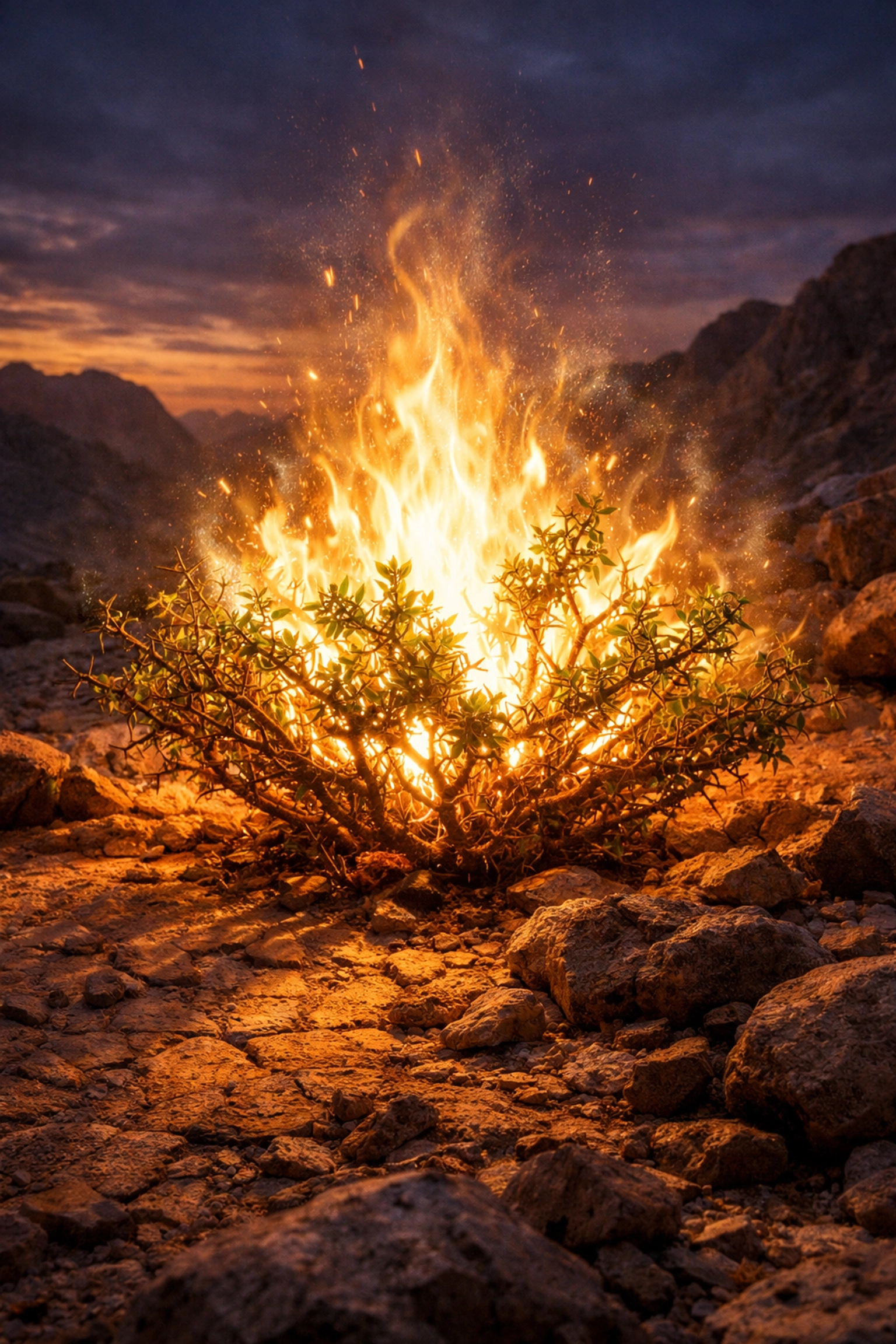 A realistic recreation of the burning bush miracle on Mount Horeb with glowing supernatural flames.