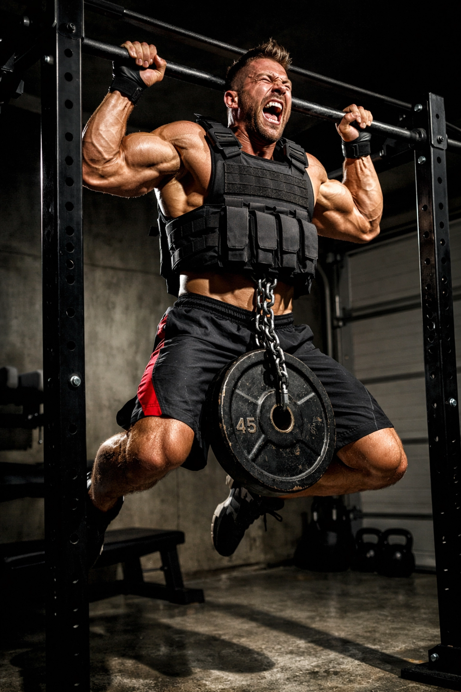 MMA fighter performing weighted pull-ups in home gym with professional calisthenics equipment