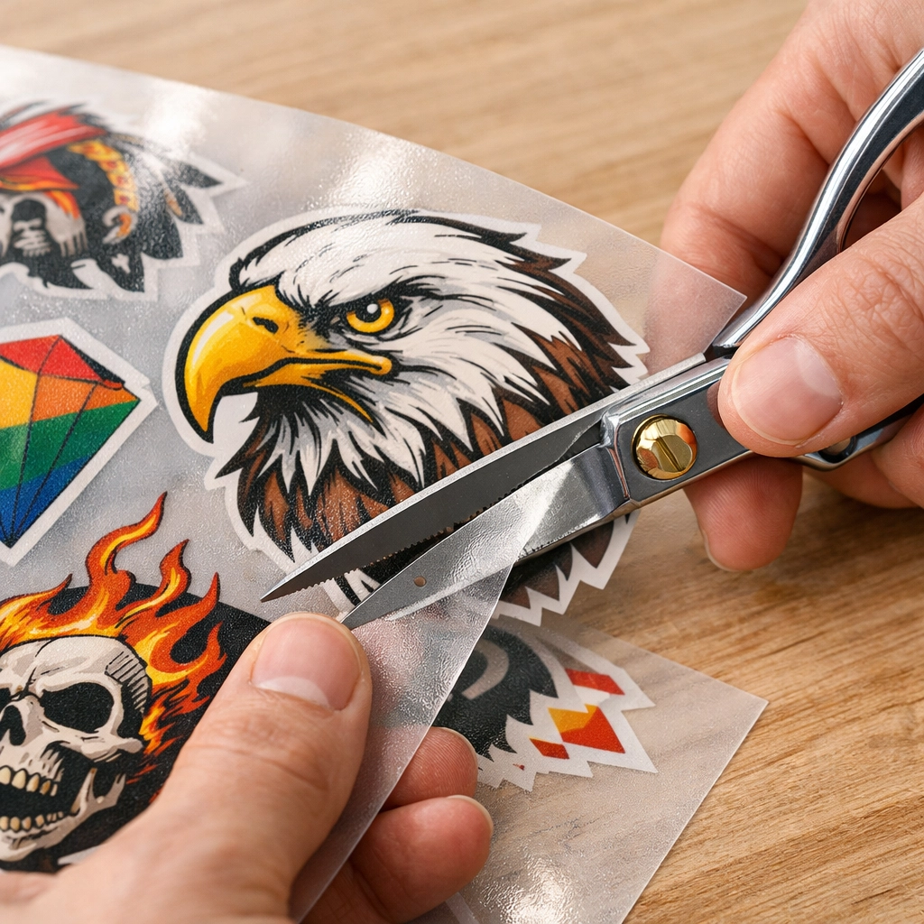 Hands cutting printed DTF transfers from a film sheet with scissors for custom t-shirt printing.