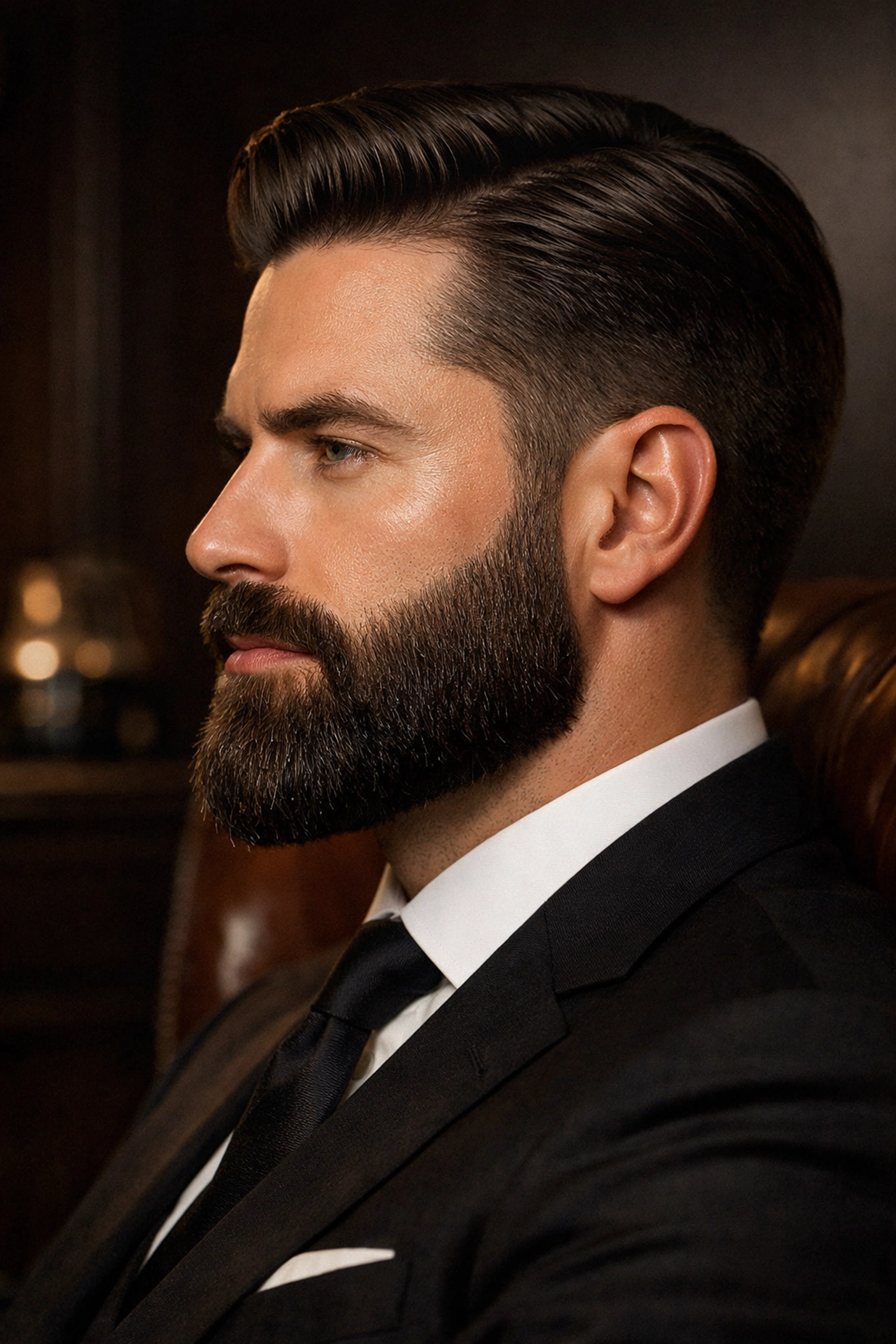 Side profile of a man with a thick, healthy, and expertly groomed beard with a natural luster.